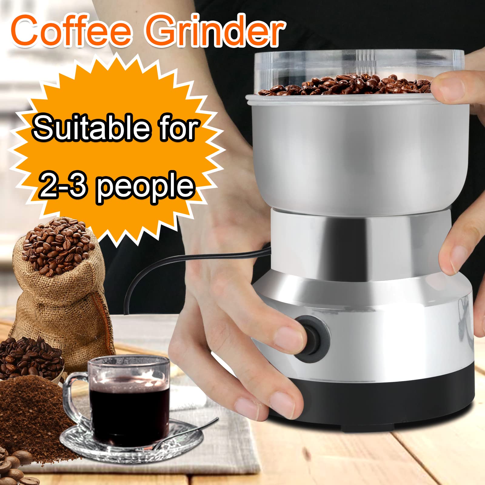 Premium Electric Coffee Grinder 200W - Mini Spice Grinder with 300ml Capacity & Stainless Steel Blades - Perfect for Coffee Beans, Nuts, Herbs & Spices - Ideal for Home Kitchens, Coffee Shops & Camping Use