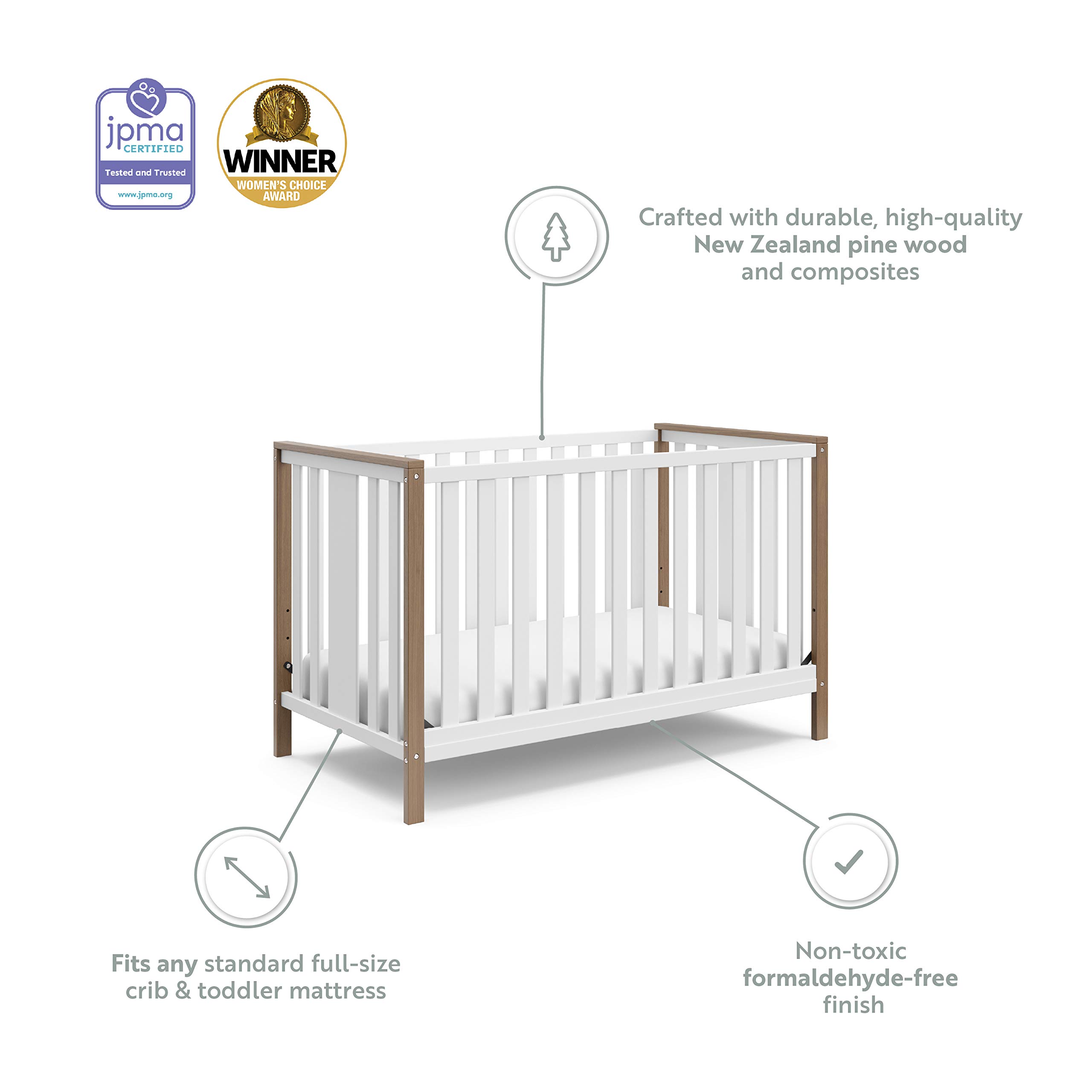Storkcraft 4-in-1 Convertible Crib - GREENGUARD Gold Certified, White & Driftwood for Nursery & Toddler Room