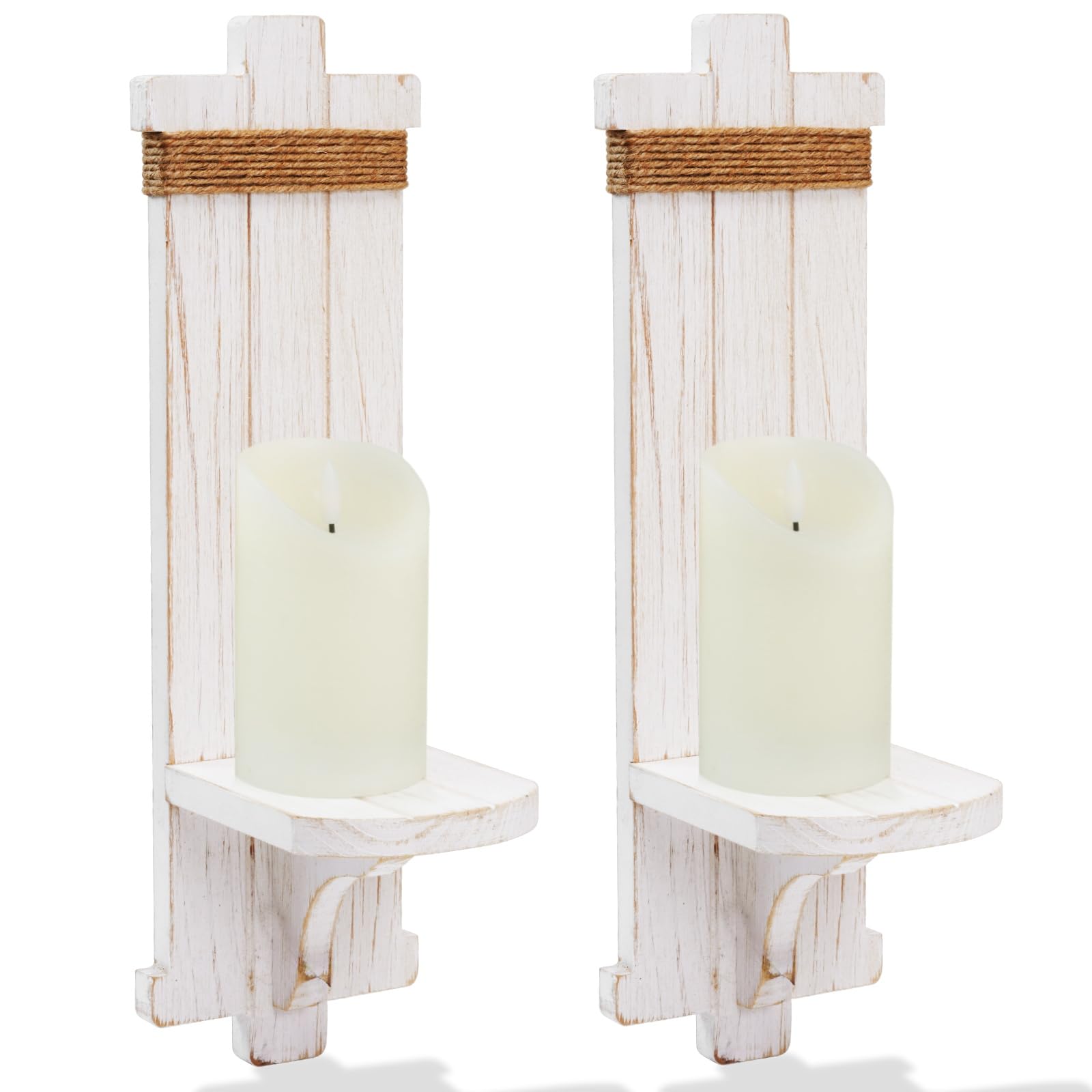 Homemory Farmhouse Wooden Wall Sconces Candle Holder Set of 2 - Rustic Wall Decor for Living Room, Dining Room, Bedroom & Bathroom - White - Perfect for Cozy Home Ambiance and Romantic Lighting