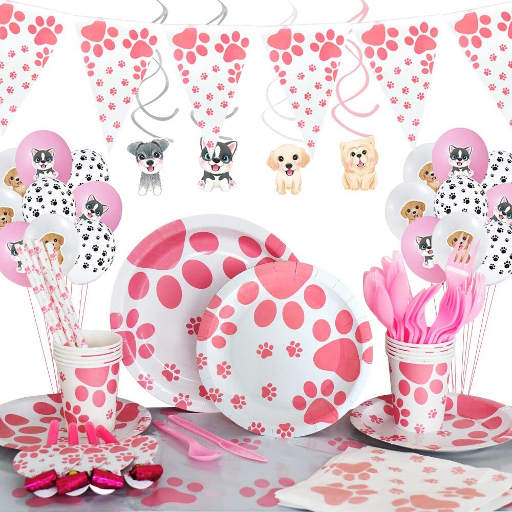 Pink Dog Paw Prints Party Supplies Set - Includes Paper Plates, Cups, Napkins & Straws for Dog Birthday & Baby Shower Celebrations | Perfect for Puppy Themed Parties, Pet Lover Events & Cute Animal Decorations