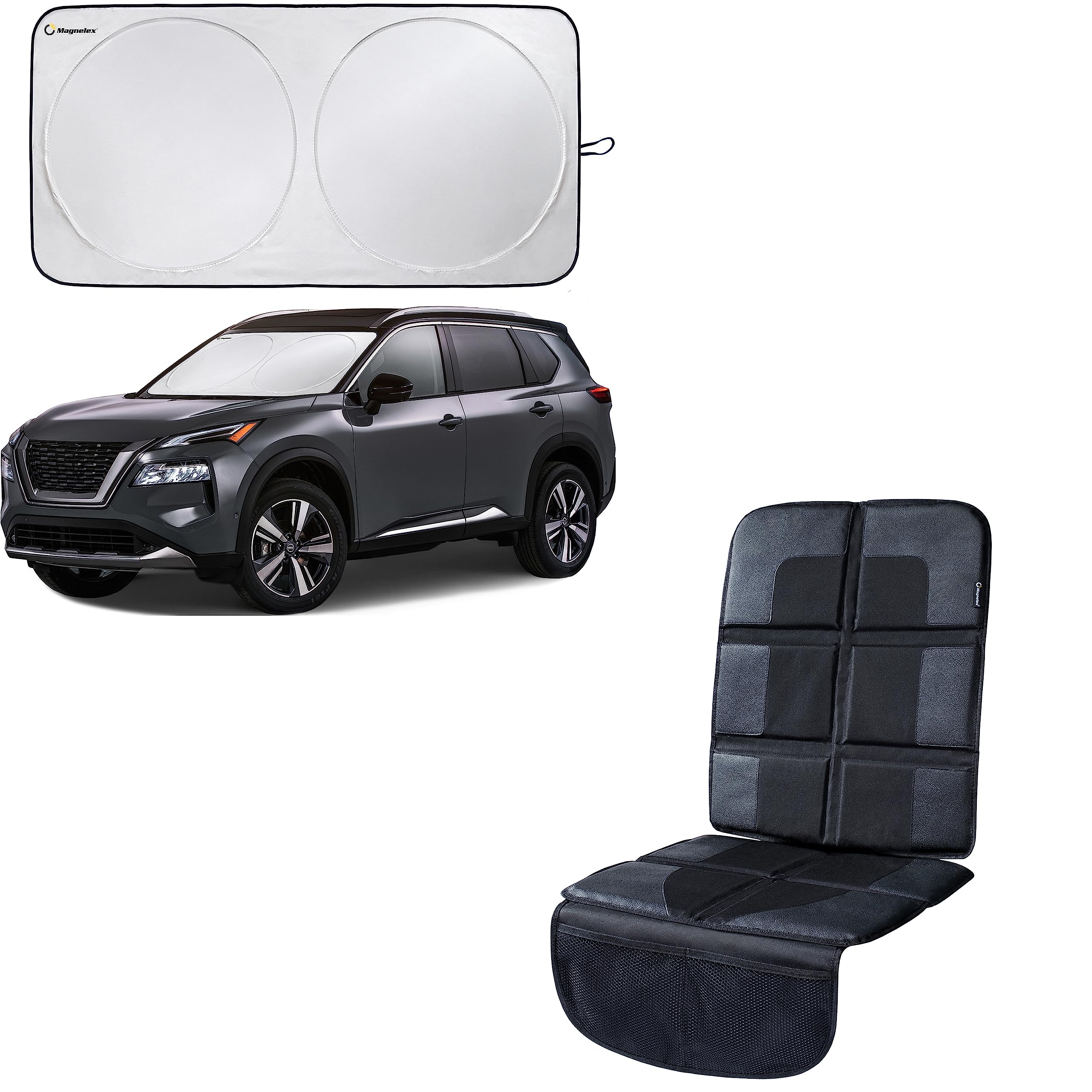 Magnelex Large Car Windshield Sun Shade & Seat Protector Bundle - UV Protection for Cars, SUVs & Trucks - Perfect for Summer Heat & Interior Protection