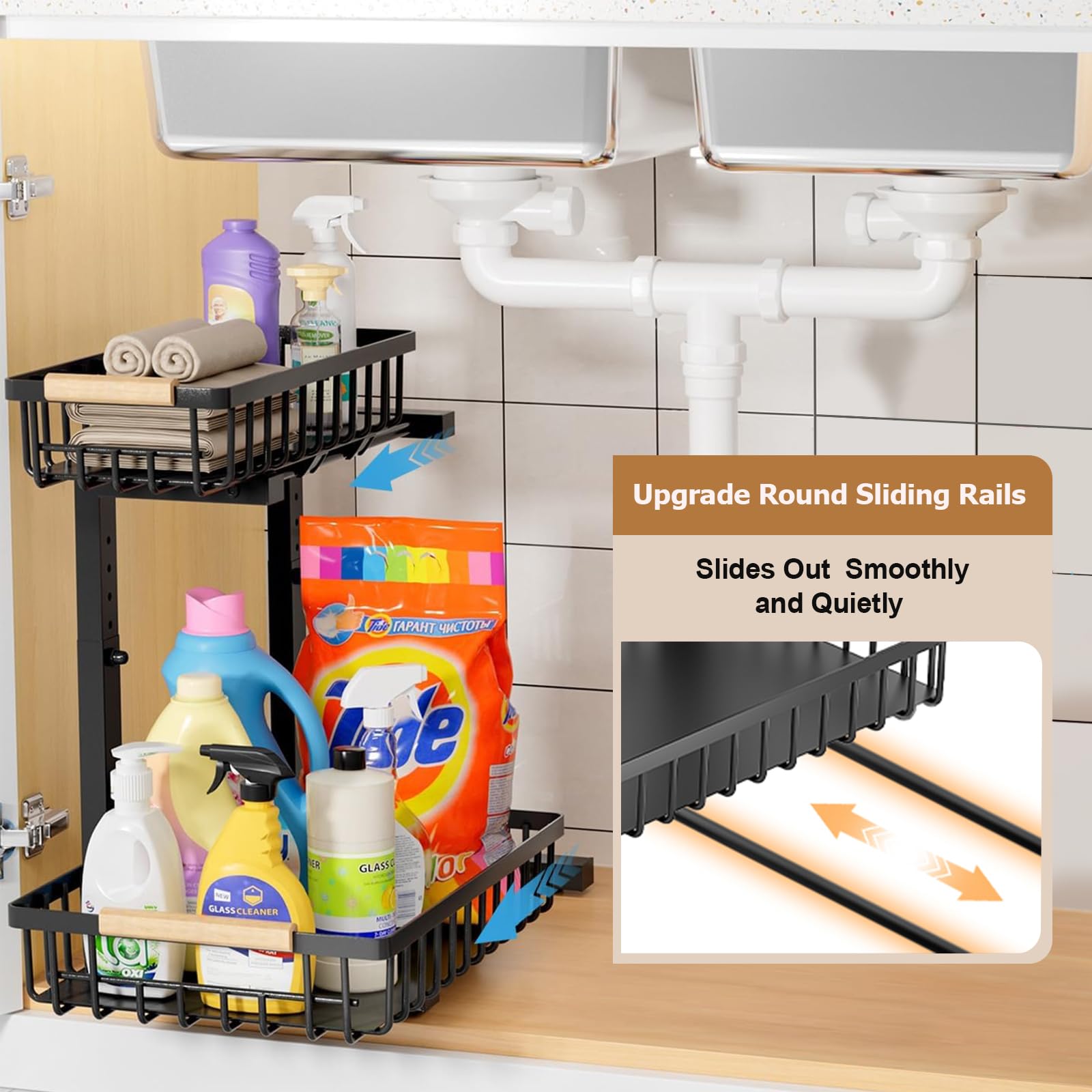 2 Pack Under Sink Organizer - Adjustable Height Metal Pull Out Cabinet Storage Shelves for Kitchen & Bathroom | Space Saving Under Sink Organizer for Cleaning Supplies, Sponges & Toiletries (Black)