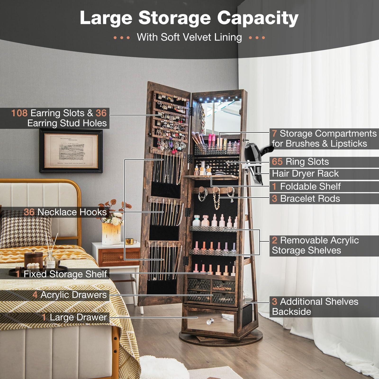 CHARMAID 360° Swivel Jewelry Cabinet Armoire with Full Length Mirror - 64.5