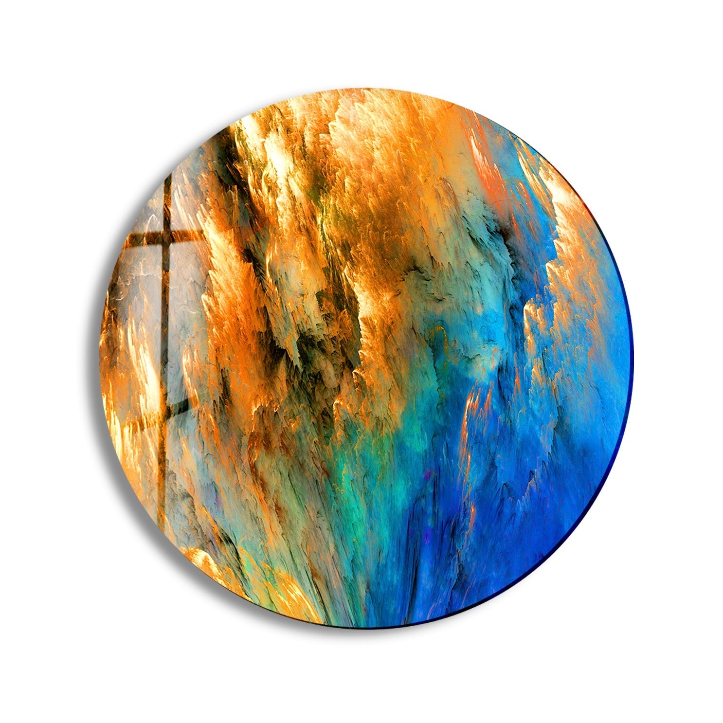 Blue & Orange Abstract Round Glass Wall Art Decor - Modern Handmade Glass Mosaic for Living Room, Bedroom, Office & Dining Area