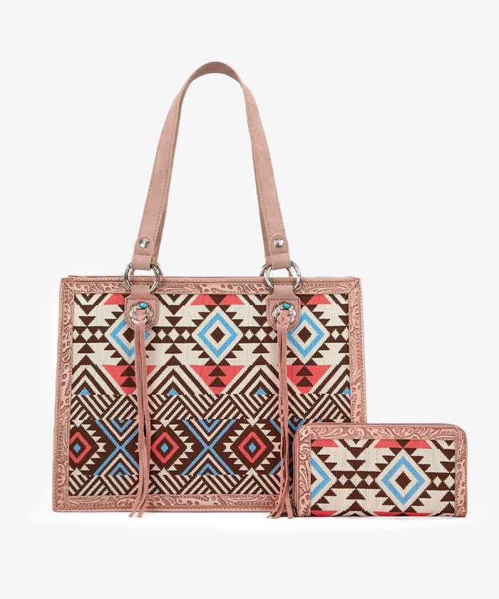 Montana West Southwestern Tooled Leather Tote Bag Set - Stylish Cowgirl Handbag for Women, Western Boho Purse for Work, Travel & Shopping