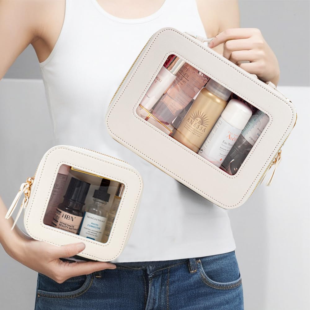 Clear Travel Makeup Bag - TSA Approved Vegan Leather Organizer for Women, Perfect for Toiletries & Cosmetics on the Go