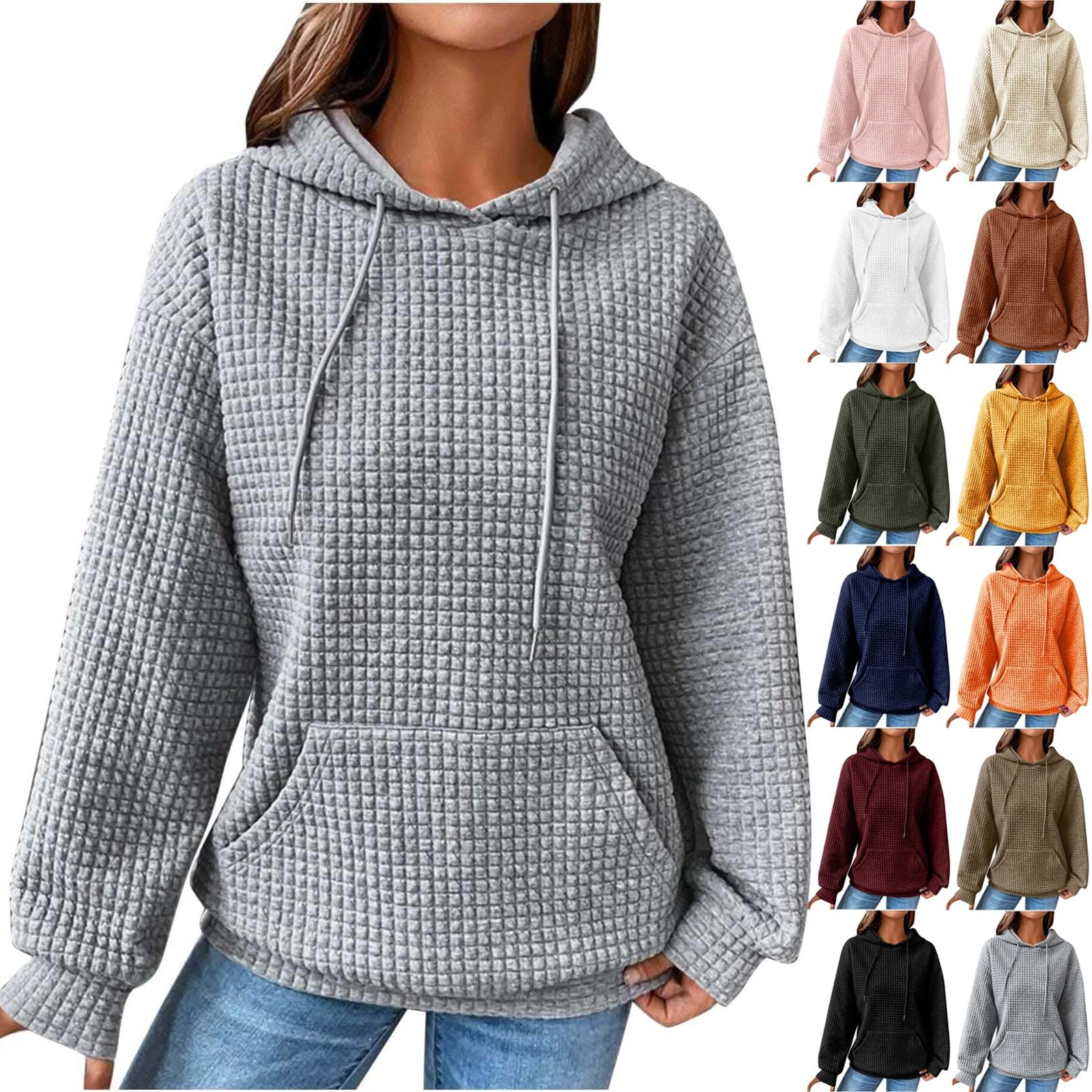Women's Casual Long Sleeve Hooded Sweatshirt - Soft Waffle Pullover with Drawstring & Pocket - Loose Fit Comfortable Hoodie for Everyday Wear, Lounge, and Outdoor Activities