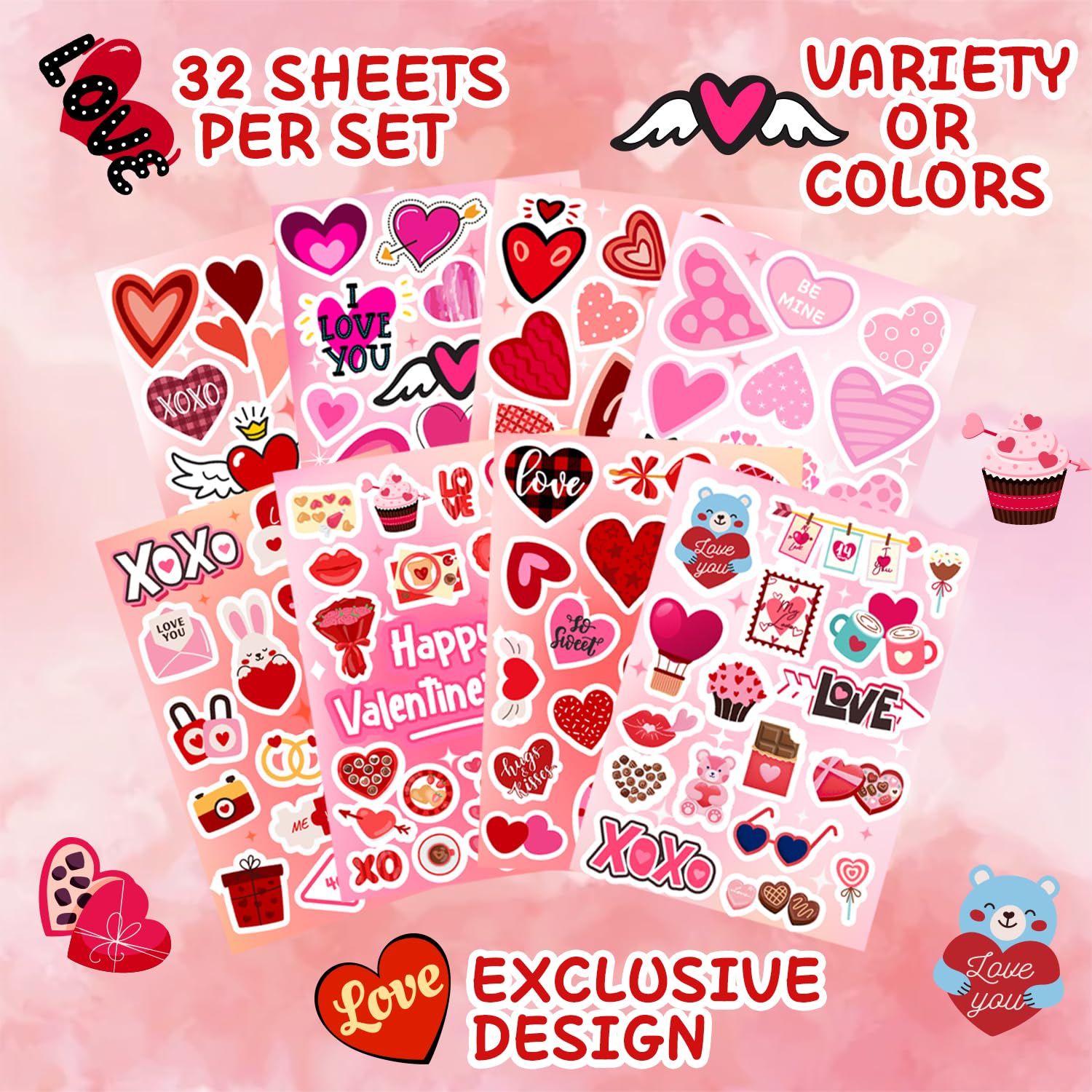 Valentine Stickers Bulk - 564 Pcs Cute Heart Stickers for Kids Party Favors & Decor