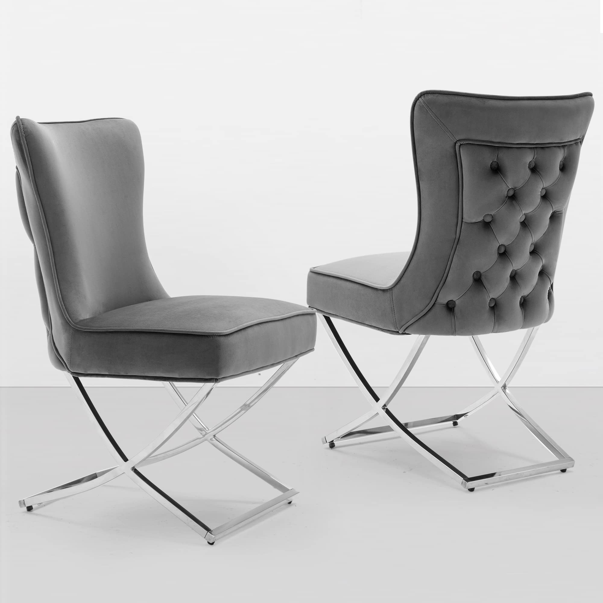 Luxury Velvet Dining Chairs Set of 2 - Tufted Upholstered Accent Chairs with Stainless Steel Legs for Dining Room, Living Room, Bedroom - Dark Grey Modern Home Decor