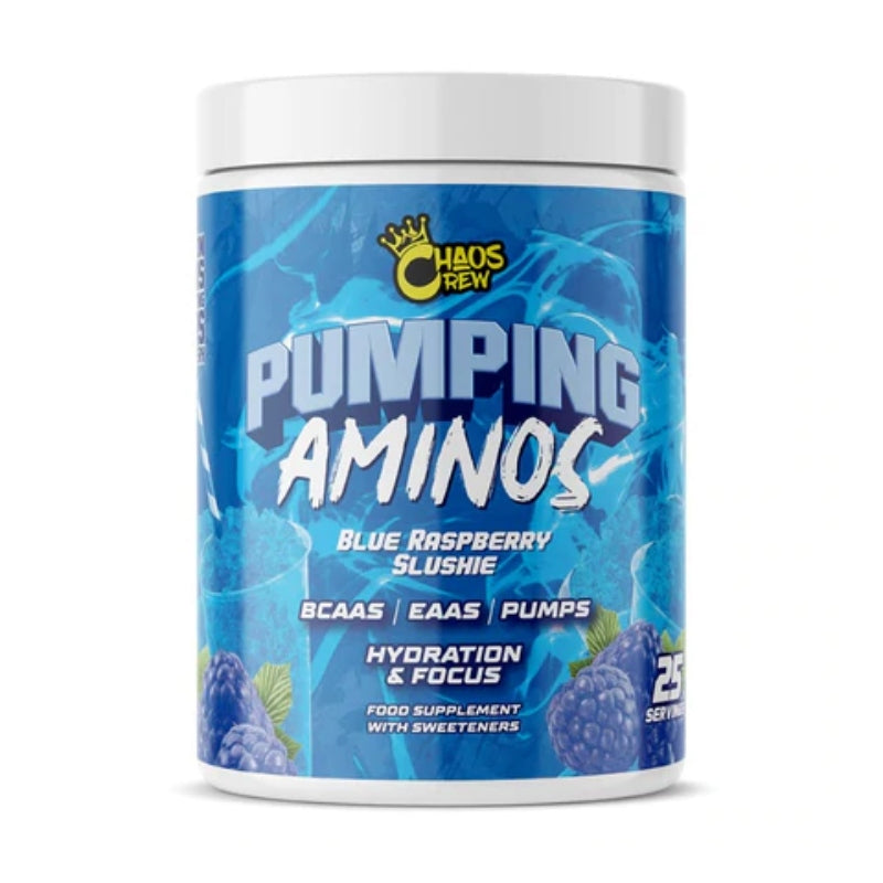 Chaos Crew Pumping Aminos 2.0 - Blue Raspberry Slushie Flavor - 325g BCAA Powder for Workout Recovery & Muscle Growth - Pre & Post Workout Supplement for Athletes & Fitness Enthusiasts