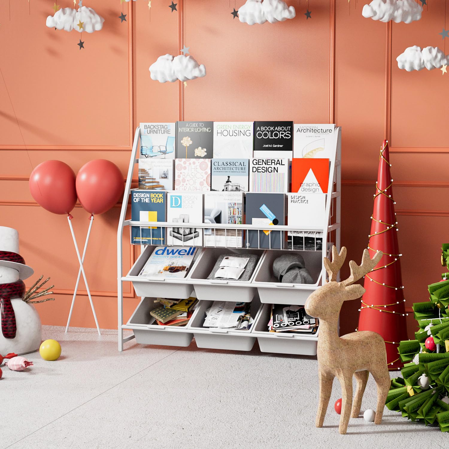JAQ Kids Bookshelves with Storage Bins - 3-Tier Metal Bookcase & 2-Tier Storage Organizer for Nursery, Playroom & Study Room - White 5-Tier Bookshelf (39.17 Inch) - Perfect for Preschoolers' Toy Storage & Book Display