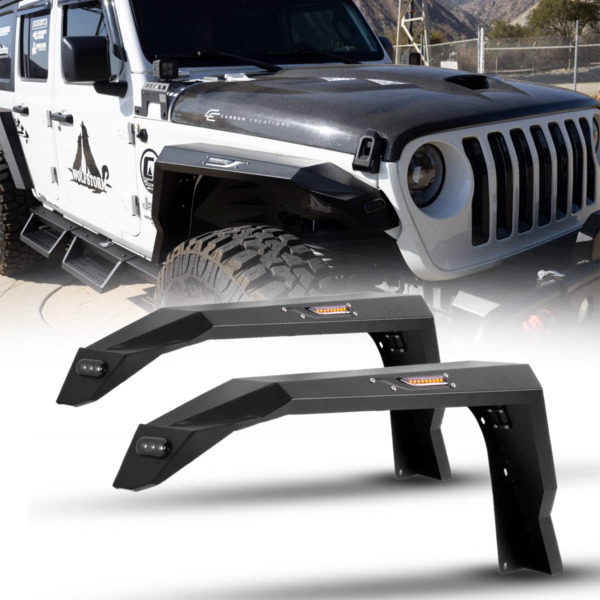 HAWKLEY Offroad Fender Flares with DRL & Sequential LED Turn Lights for 2018-2025 Jeep Wrangler JL & JLU Unlimited (Sport, Sahara, Rubicon) - Durable Front Fender Liners for Enhanced Off-Roading & Night Driving Safety