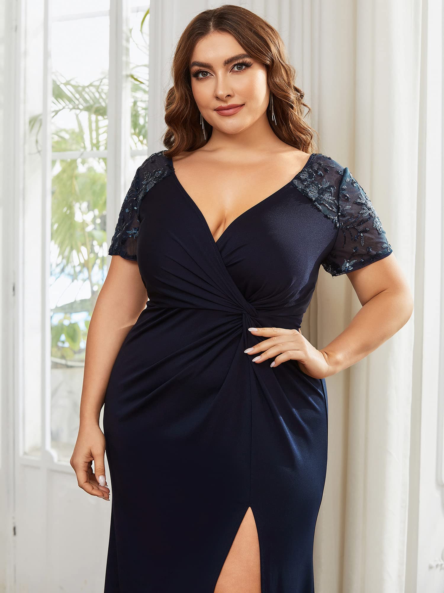 Ever-Pretty Plus Size Women's Double V-Neck Sequin Pleated Formal Dress for Curvy Women - Elegant Evening Gown for Prom, Wedding Guest & Special Occasions (Style 01669-DA)