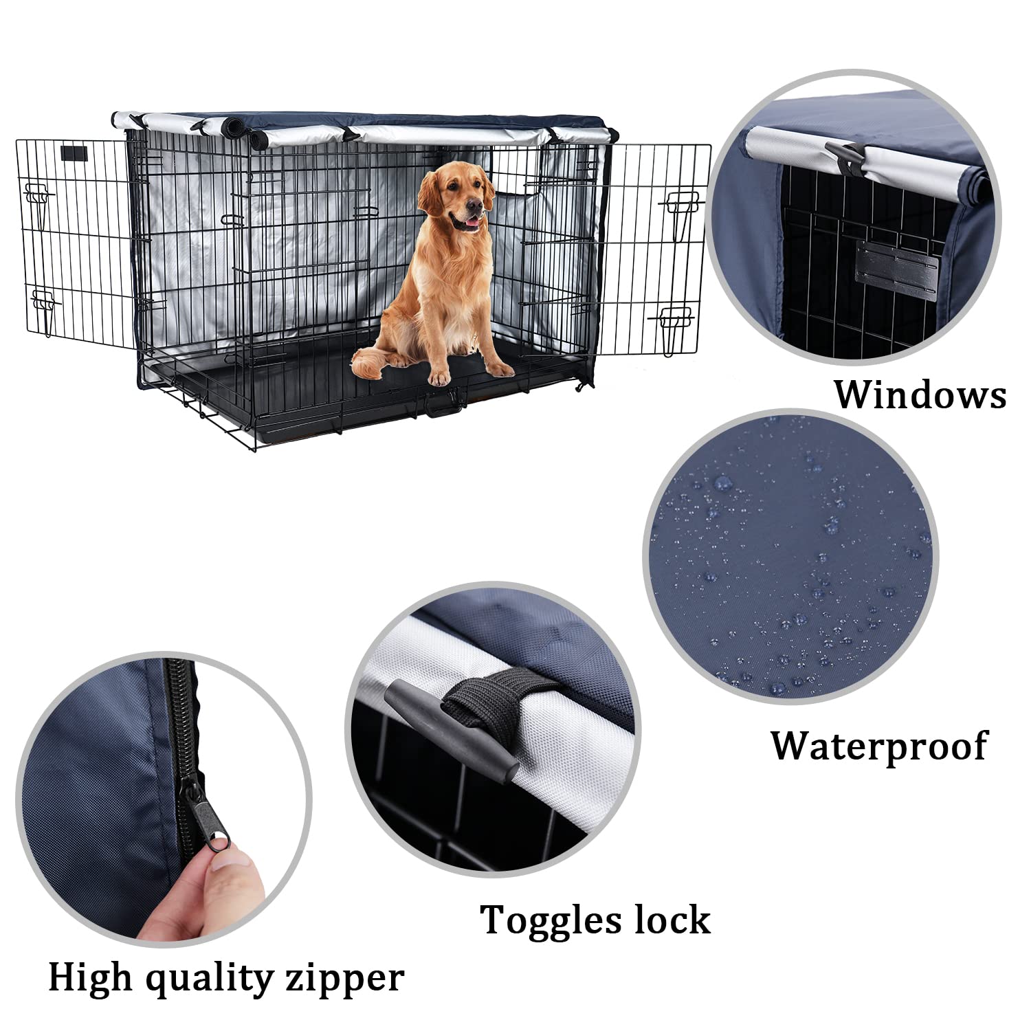 Senmortar Double Door Dog Crate Cover - Waterproof 420D Polyester Wire Cage Cover for Large Dogs (48 Inches) - Durable & Lightweight Pet Crate Accessory - Perfect for Home, Travel & Kennel Use - Dark Blue
