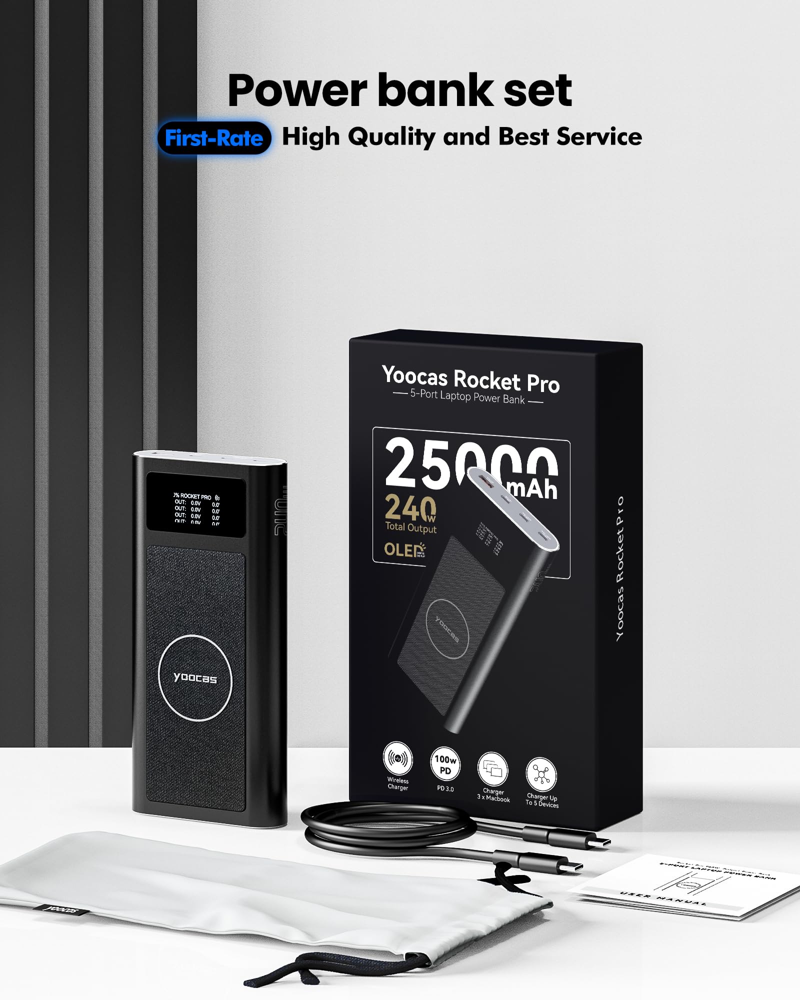 240W 25000mAh PD Power Bank with Smart Digital Display - 4 Ports USB C/USB A/Wireless Portable Charger for iPhone, Samsung, MacBook, iPad, Laptops & Switch - Fast Charging Battery Pack for Travel, Camping & Emergency Power Backup