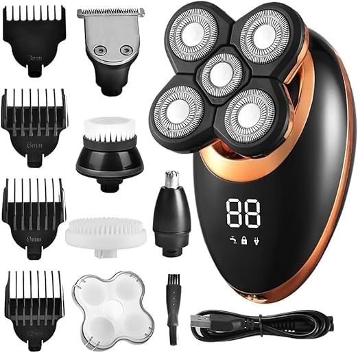 Best Electric Shavers for Men - 5-in-1 IPX7 Waterproof Rechargeable Beard Trimmer & Bald Head Shaver with LCD Display - Perfect for Travel, Home Grooming & Wet/Dry Shaving
