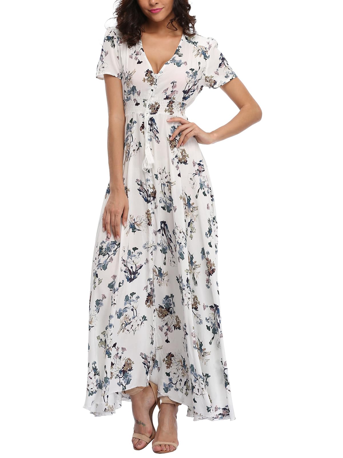 Boho Floral Maxi Dress for Women - Summer Button Up Beach Dress with Side Slit & Flowy Skirt | Perfect for Beach Parties, Vacations & Outdoor Events