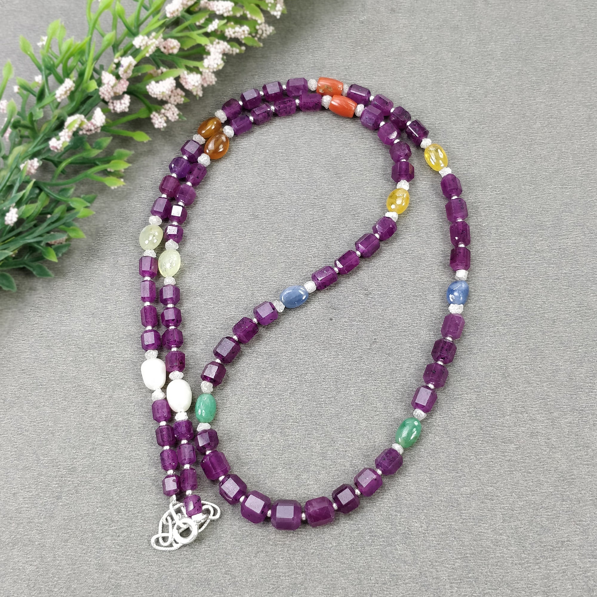 Natural Multi Sapphire Hessonite Coral Diamond Emerald Cat's Eye Pearl Nav Ratan Necklace - 27.17gms, 4.5mm & 7mm Beads, 22 Inches | Authentic Gemstone Jewelry for Weddings, Festivals & Special Occasions