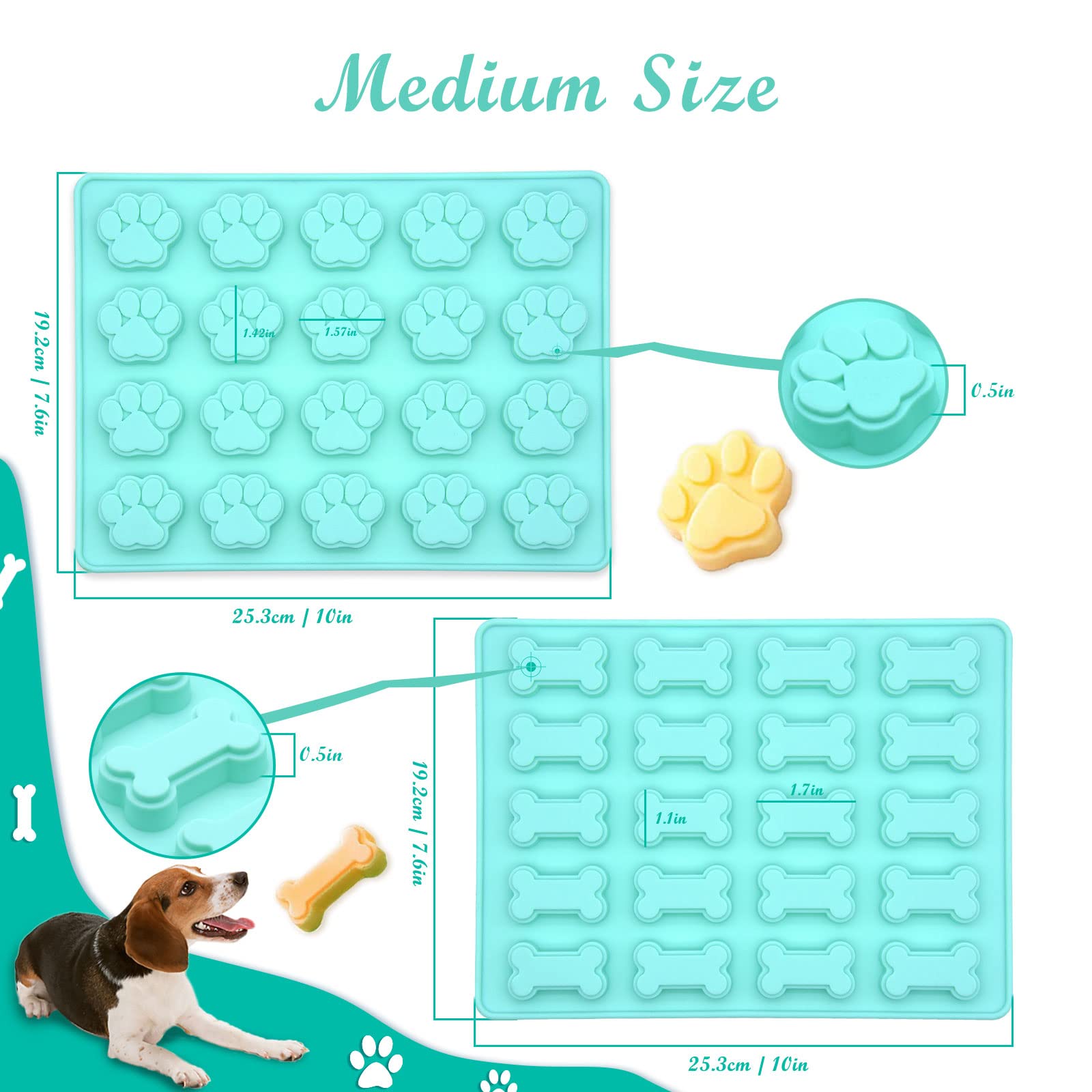 2 Pcs Silicone Dog Treat Molds for Baking & Frozen - Paw & Bone Candy Molds for Chocolate, Yogurt, Jelly, Ice Cube - Perfect for Homemade Dog Treats, Party Favors & Pet Training Rewards (Green)