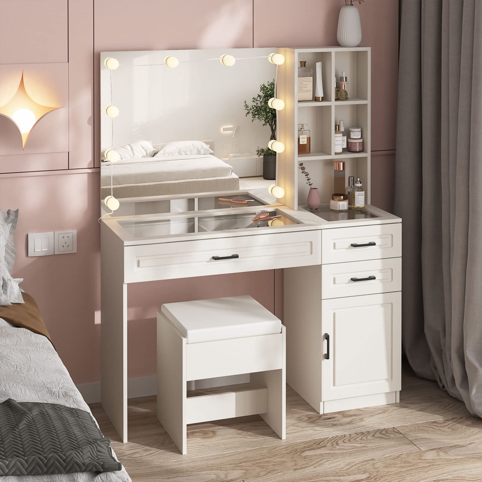 Fameill White Vanity Desk with Mirror and LED Lights - Glass Top Makeup Table with 3 Drawers & Storage Cabinets - Large HD Mirror Dressing Table - 3 Lighting Modes & Adjustable Brightness - 45 Inch Vanity Desk for Bedroom, Bathroom & Dorm Room Makeup Organization