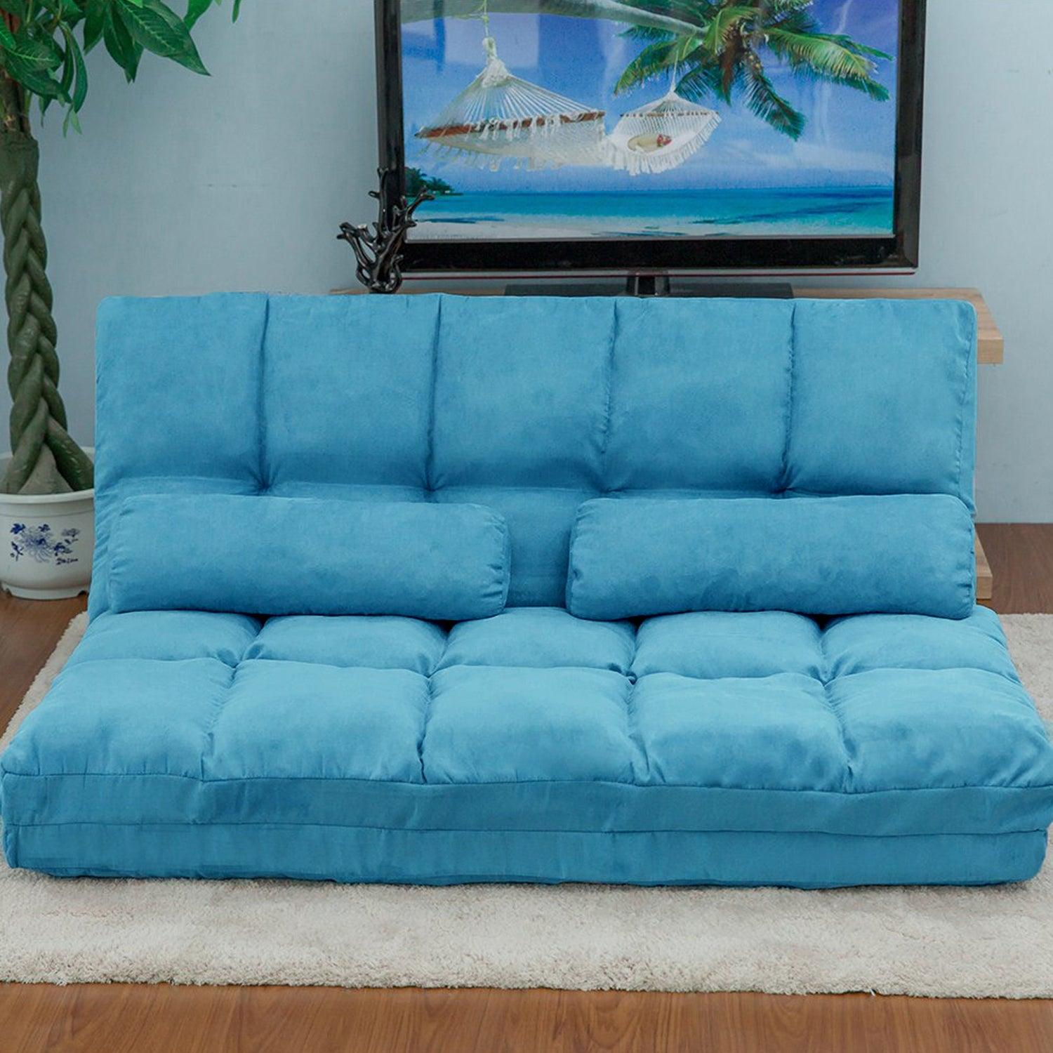 Double Chaise Lounge Sofa - Floor Couch with 2 Pillows, Blue - Perfect for Living Room, Bedroom & Home Theater Relaxation