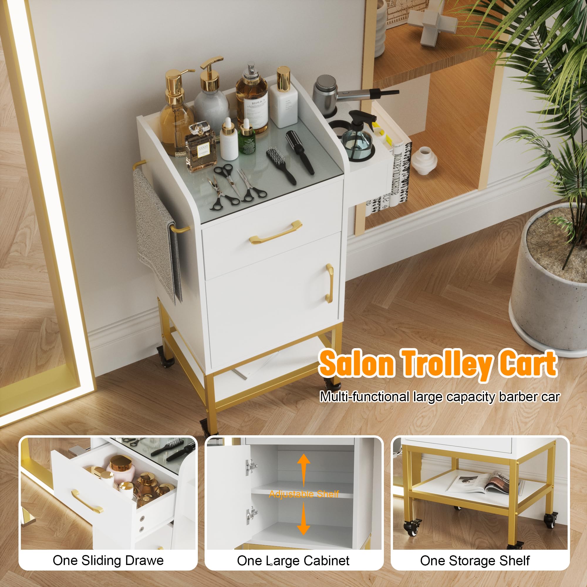 White Salon Trolley Cart with Glass Top - Lockable Wheels Beauty Storage Cabinet for Hair Stylists - Rolling Hair Station with Drawer & Cabinet | Perfect for Barber Shops, Beauty Salons & Home Styling Stations