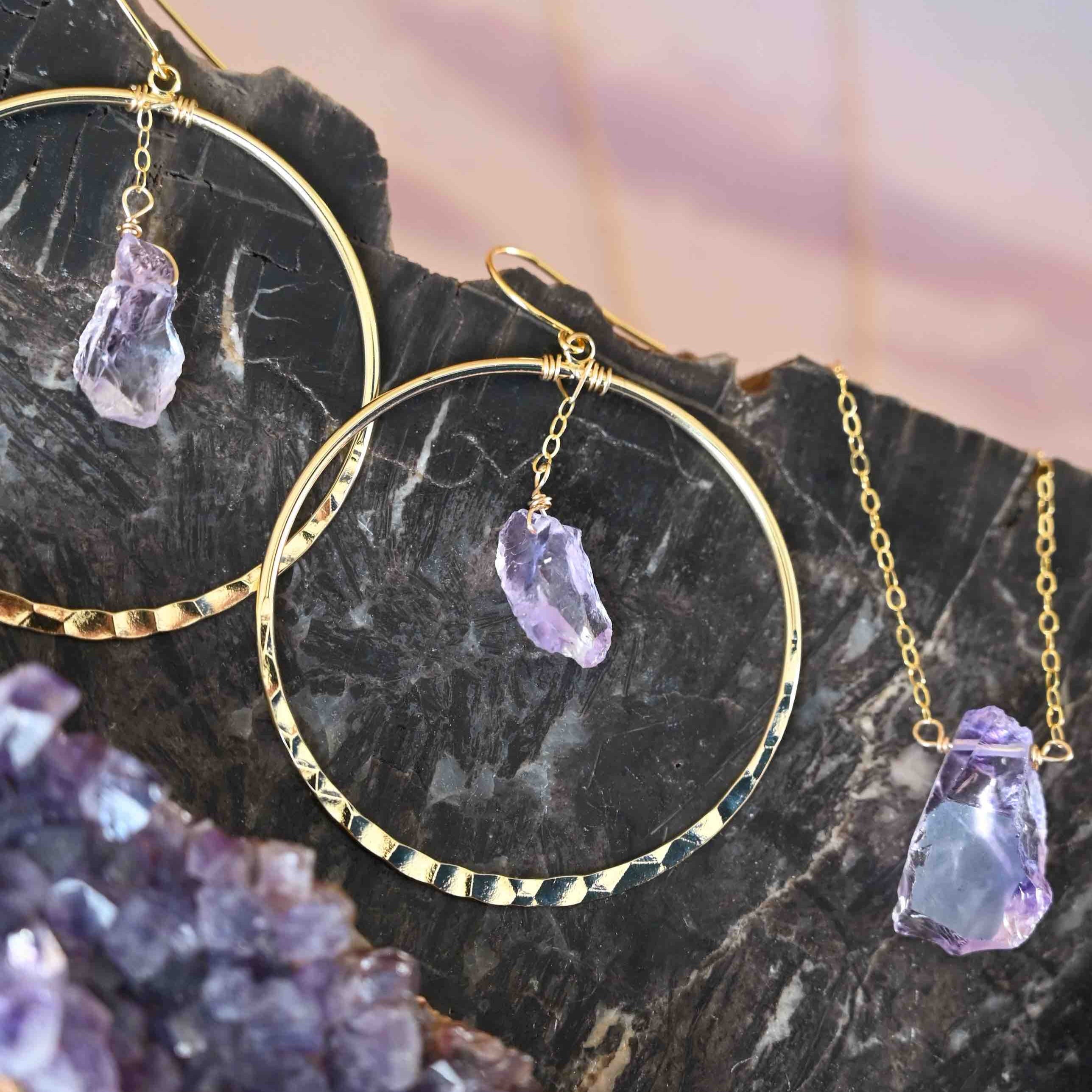 Amethyst Gold Necklace & Earring Set for Women - Elegant Purple Gemstone Jewelry Gift for Birthday, Anniversary & Special Occasions