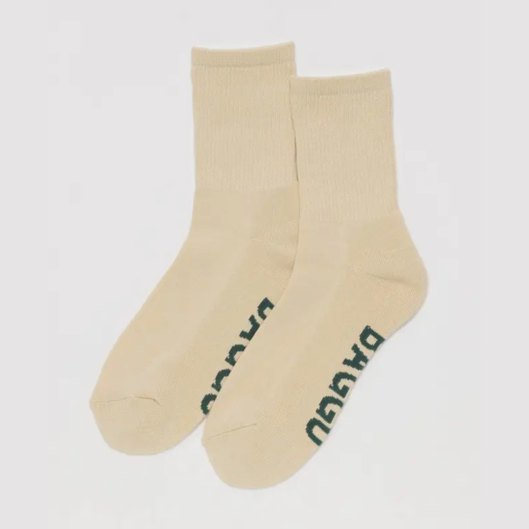 BAGGU Women's Ribbed Crew Socks - Soft Cotton Ecru Ankle Socks for Everyday Wear, Workout & Casual Outfits