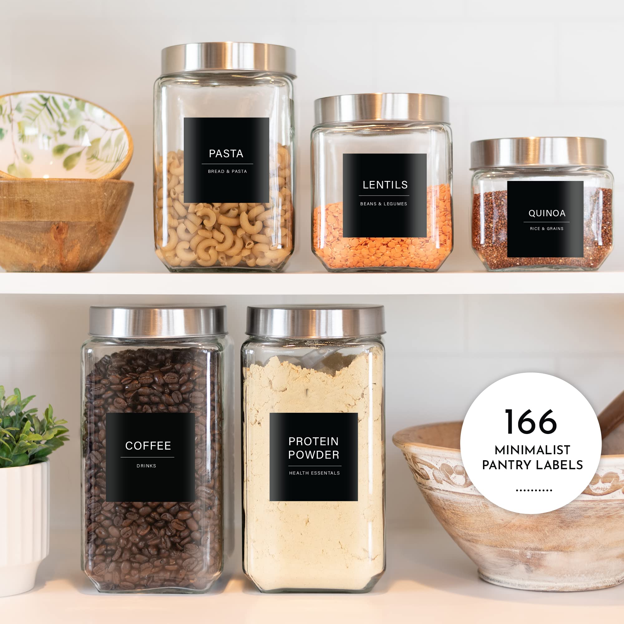 166 Minimalist Black & White Kitchen Pantry Labels for Food Containers, Storage Bins & Organizers - Perfect for Home, Office & Restaurant Use