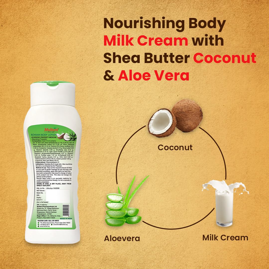 Nourishing Multani Rovaan Body Lotion with Shea Butter, Coconut & Aloe Vera | Deep Moisturizing Cream for Dry Skin | Skin Brightening & Hydrating Body Milk for All Seasons | 200ml | Perfect for Daily Skincare Routine & Post-Shower Hydration