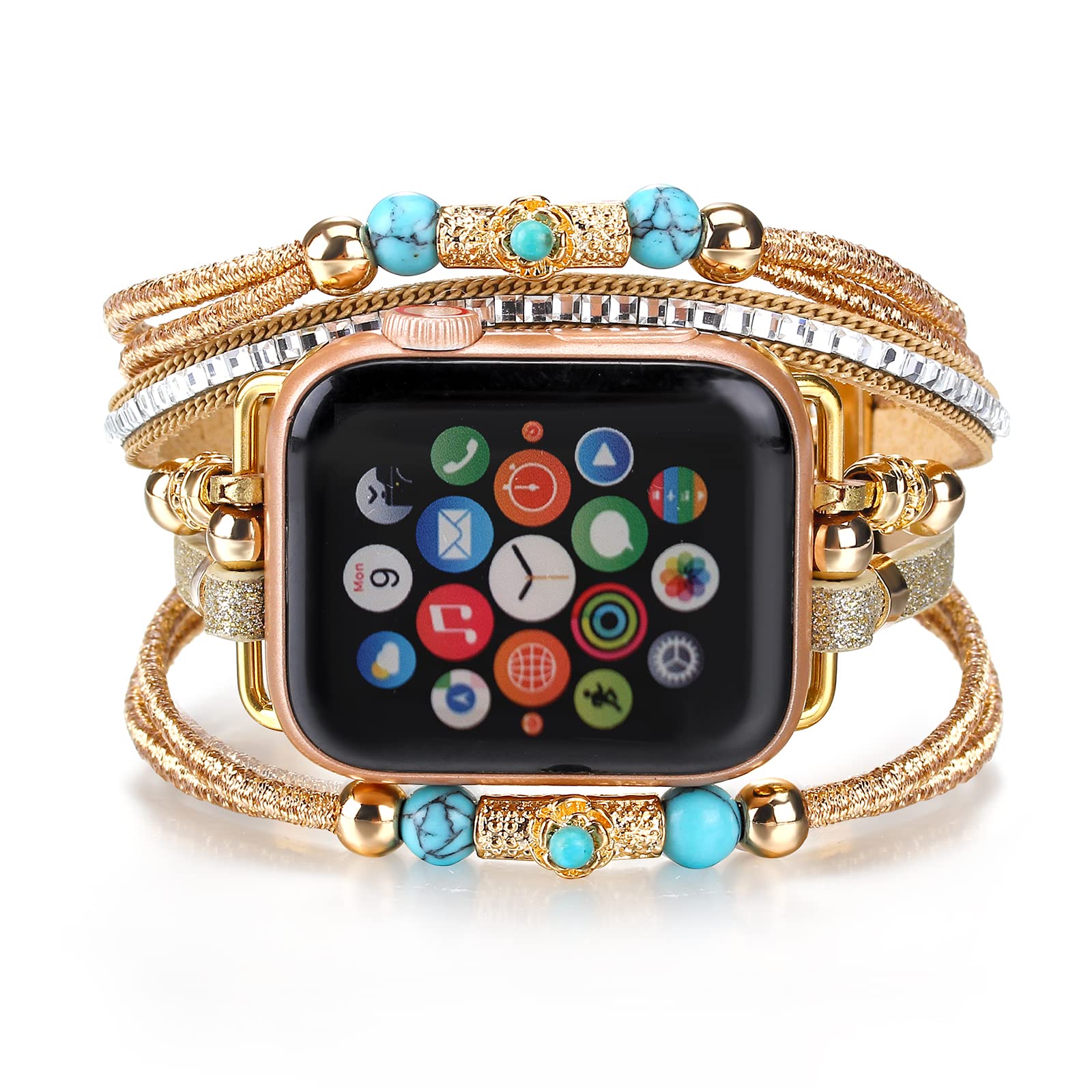 Boho Leather Apple Watch Band for Women & Men - Compatible with Series 10/9/8/7/6/SE/Ultra 2/5/4/3/2/1 (38mm-49mm) | Multilayer Wrap Bracelet Strap for Dressy & Casual Style | Perfect for Work, Travel & Everyday Wear