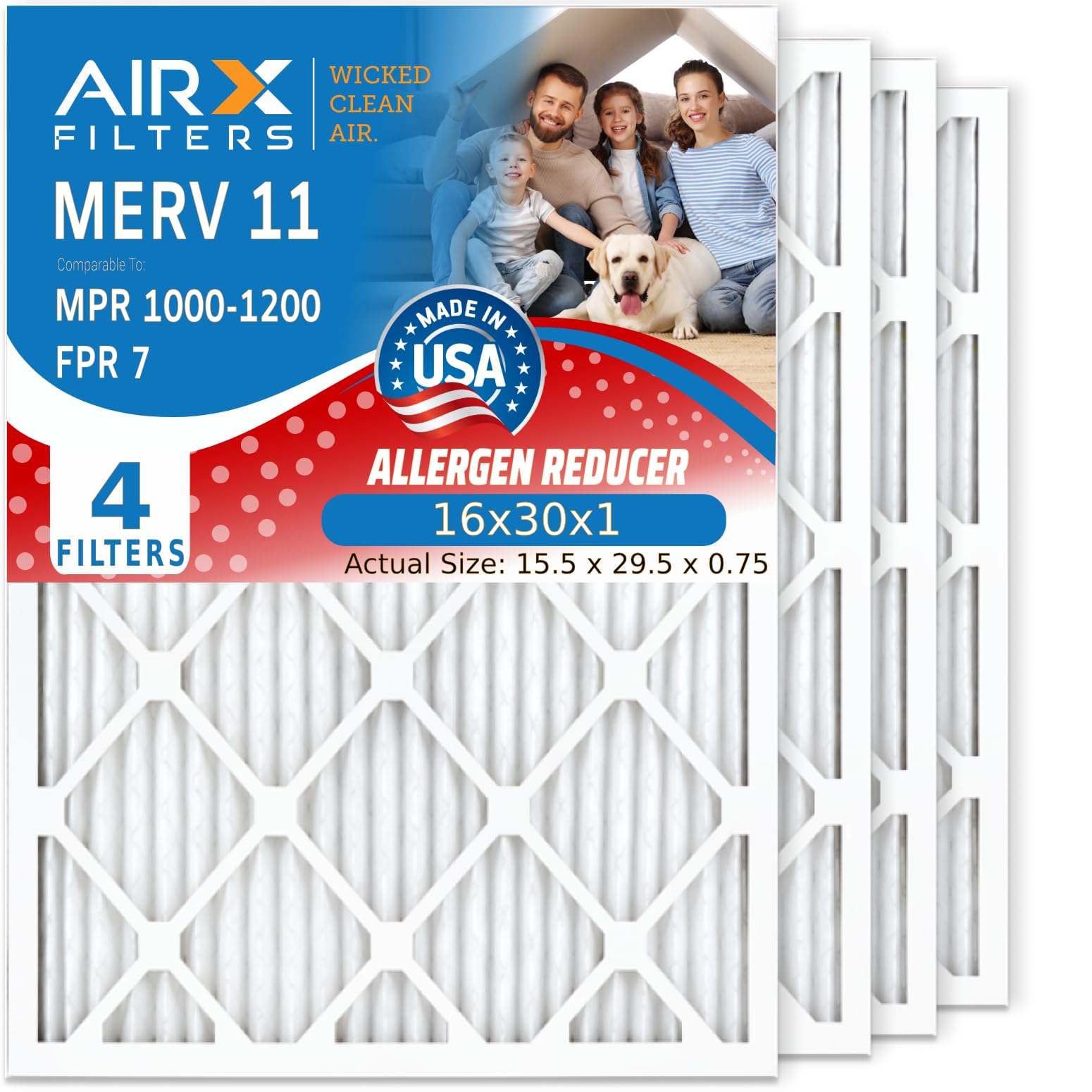 16x30x1 MERV 11 Electrostatic Pleated Air Filter 4-Pack | HVAC, AC & Furnace Replacement Filters | Improves Indoor Air Quality | Perfect for Homes, Offices & Allergies