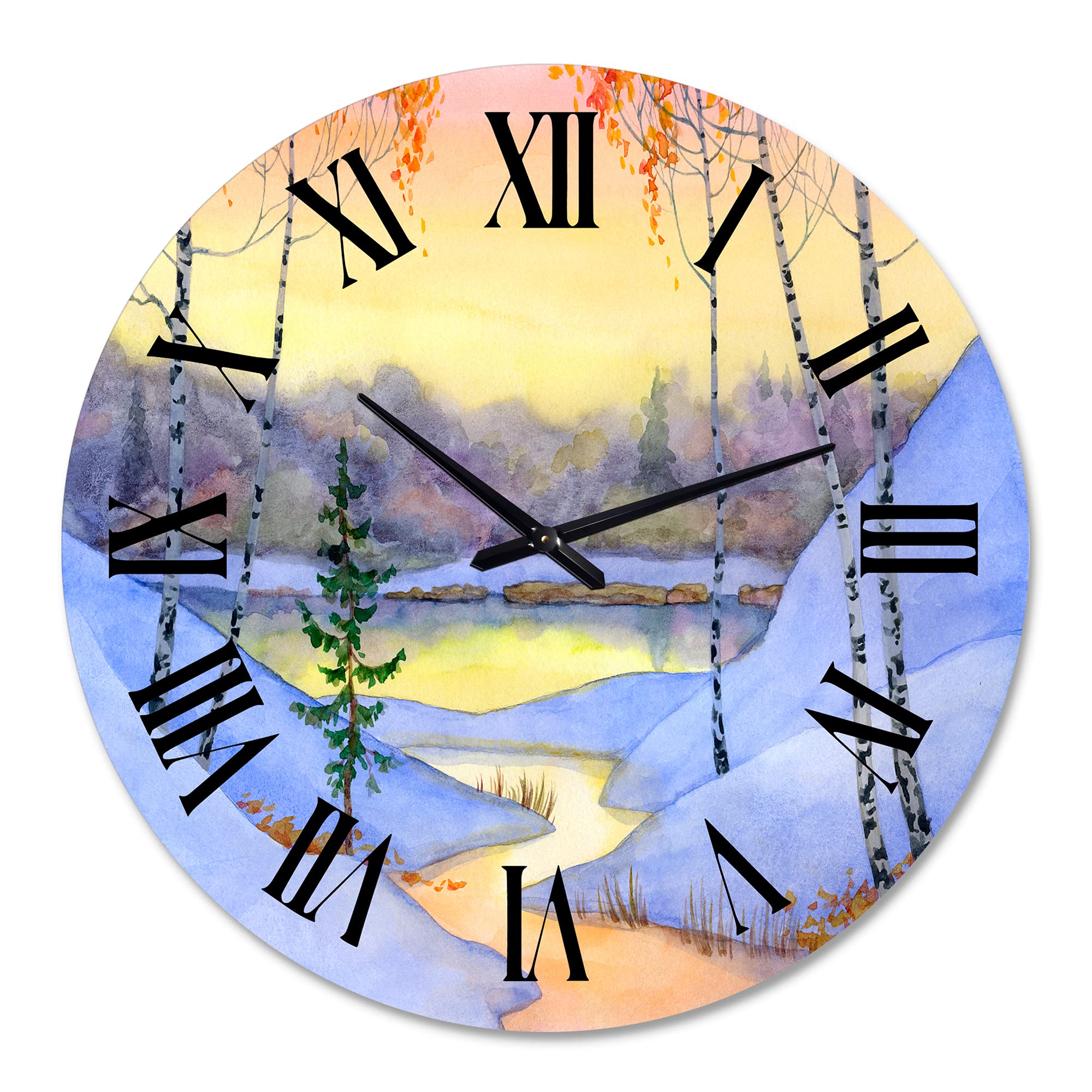 DesignQ Lake House Wall Clock 'Stream in The Winter Forest II' - Large Nature Landscape Wall Art for Living Room, Bedroom & Office Decor - Perfect for Rustic, Farmhouse & Modern Home Interiors