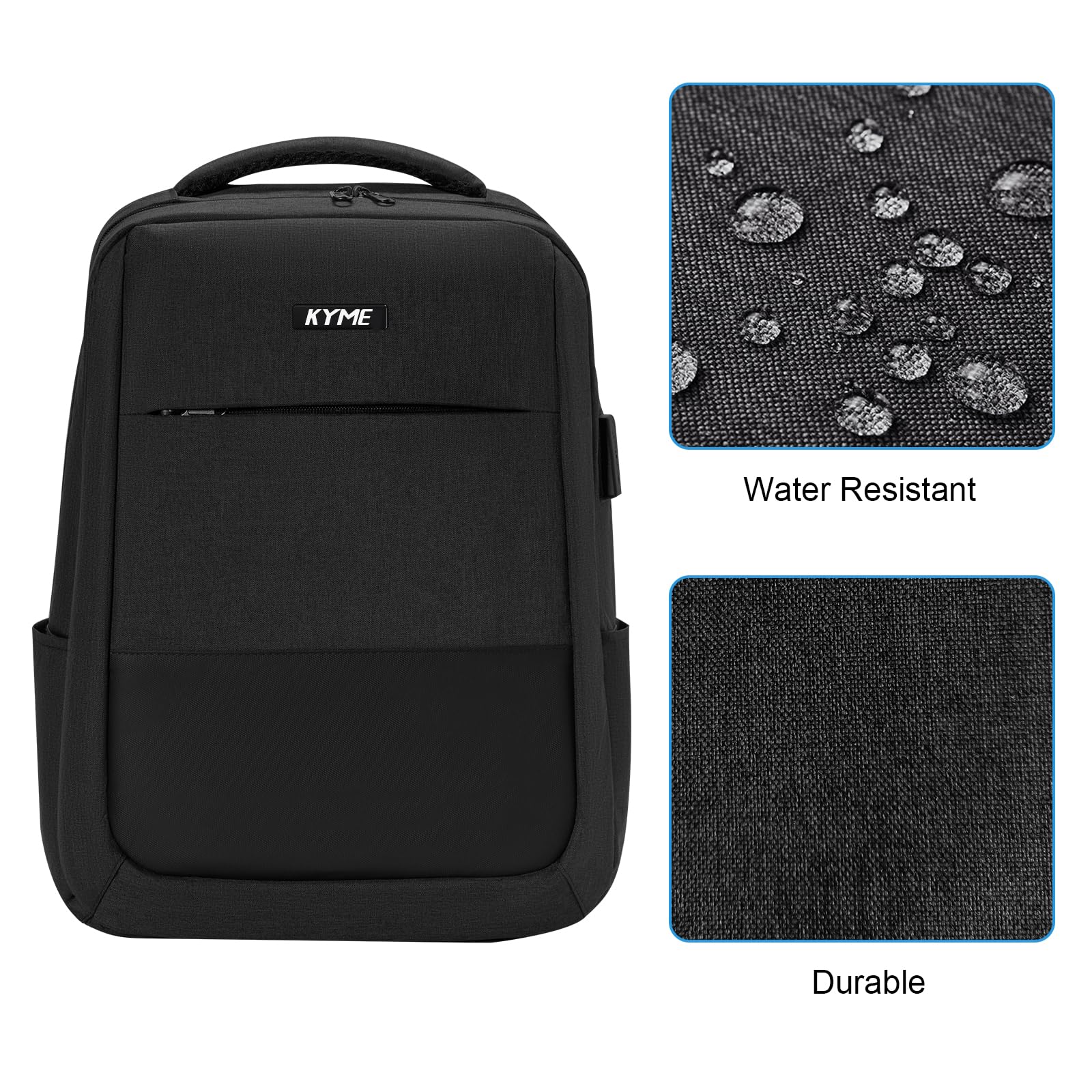 KYME Travel Backpack for Women & Men - Airline Approved Carry On Backpack with USB Charging Port & 15.6 Inch Laptop Compartment - Waterproof Casual Daypack for Business Travel, Weekend Trips & Commuting (Black)