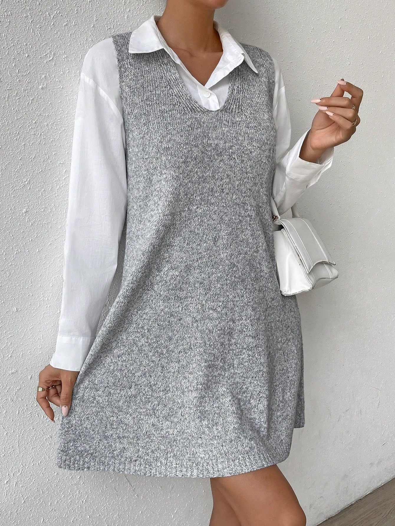 SHENHE Women's Casual Loose Fit V-Neck Sweater Dress - Long Knit Vest Jumper Dress in Grey for Fall & Winter | Perfect for Office, Date Night & Weekend Outfits