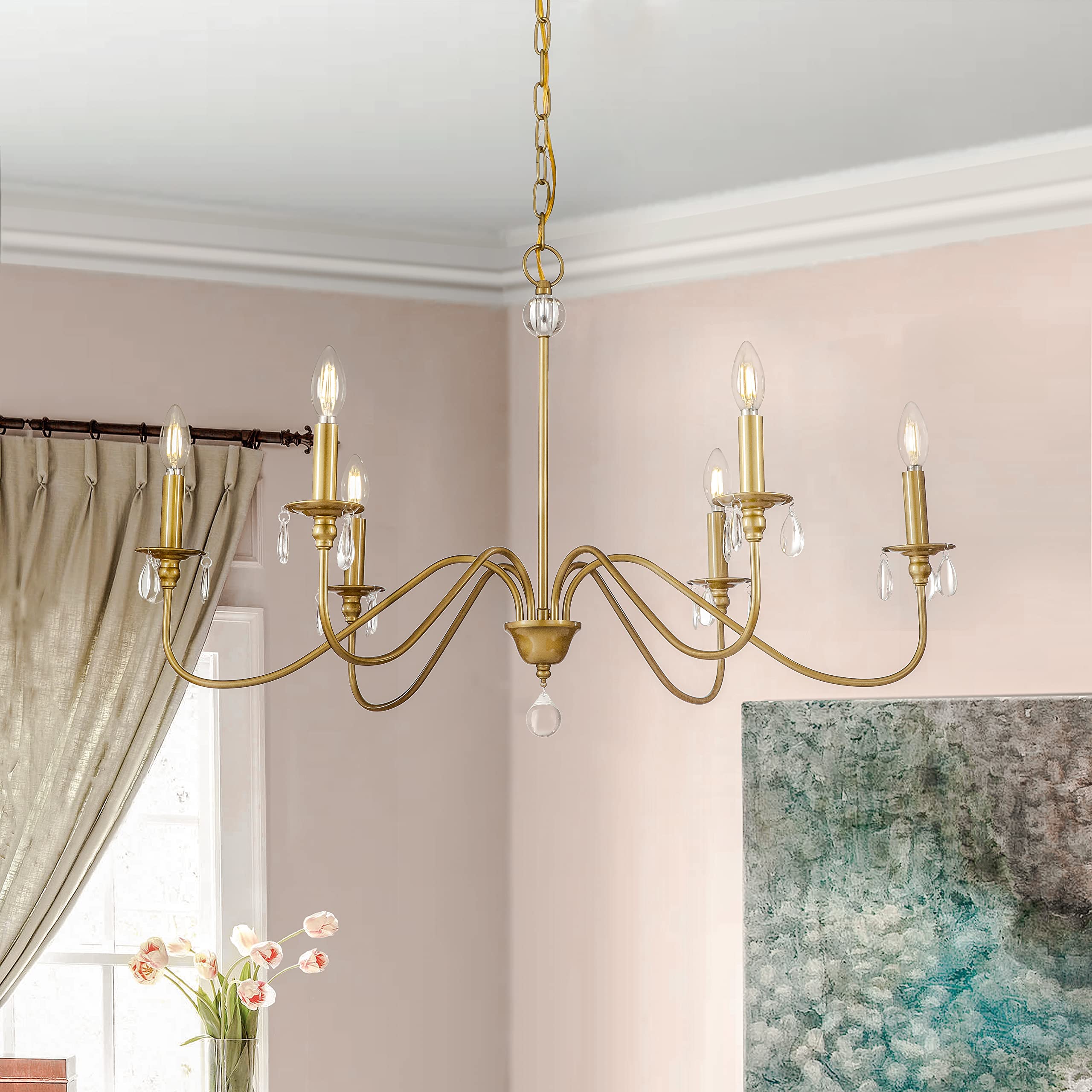 ALOADECOR 6-Light Brass Vintage Chandelier with Crystal Accents - Adjustable Candle Style Ceiling Light Fixture for Dining Room, Living Room, Bedroom - 36 Inch Rustic Traditional Pendant Light for Home Decor & Wedding Venue
