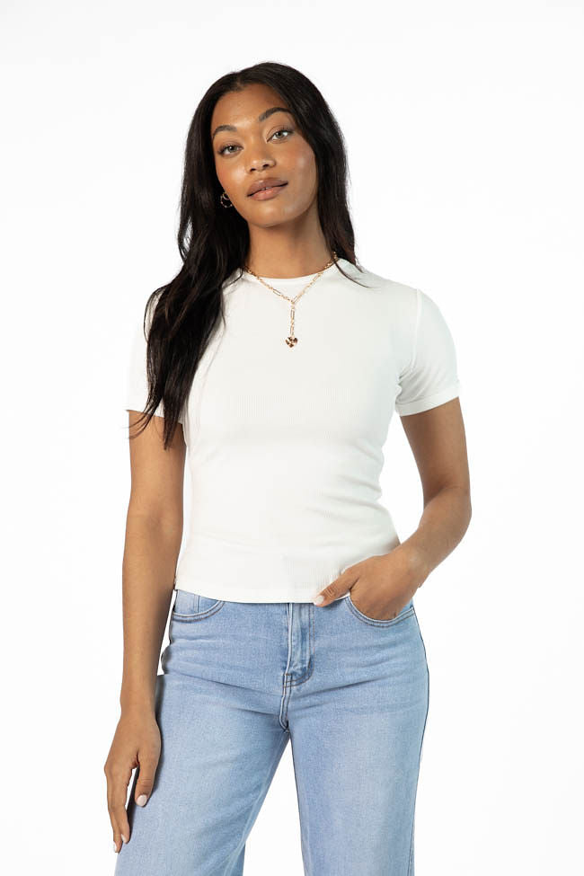 Everyday Essential Ivory Ribbed Crew Neck Tee - Soft Cotton Basic T-Shirt for Women | Casual Wear, Layering & Everyday Comfort