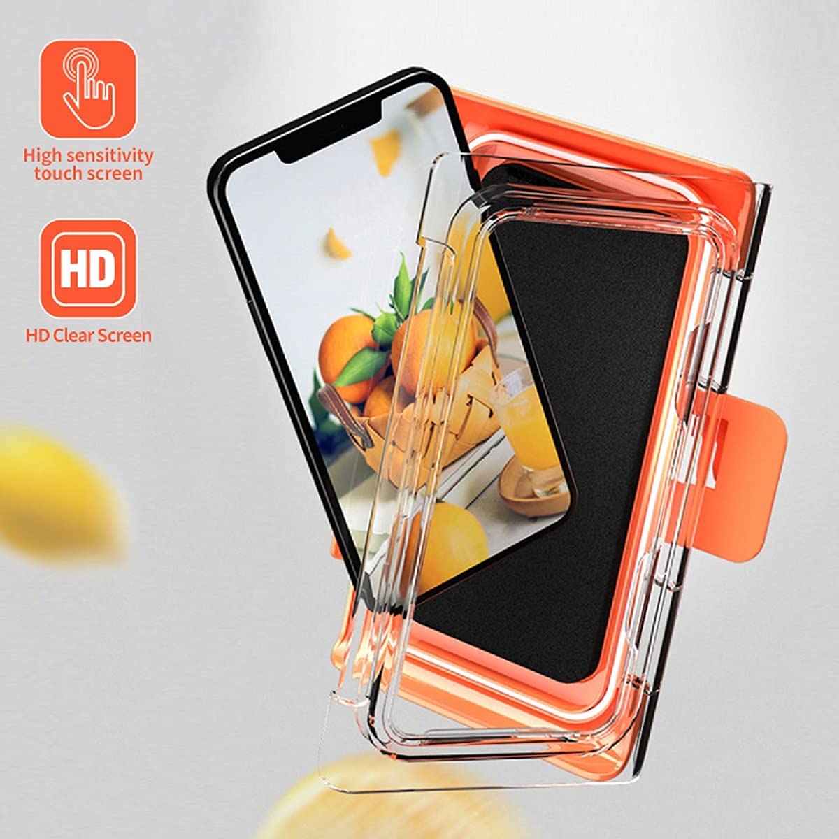 Waterproof Shower Phone Case - Touch Screen Bathroom Holder for Wet Areas (Orange Rotating)