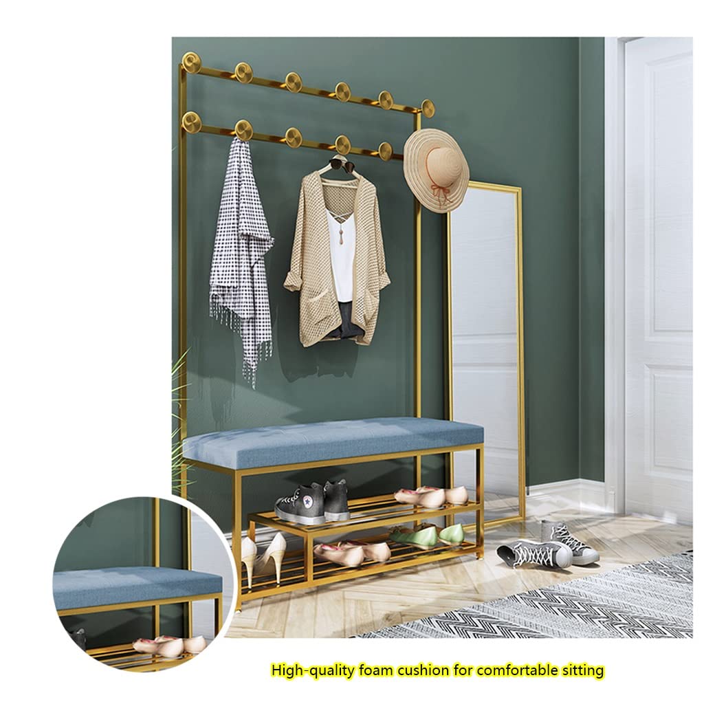 4-in-1 Hall Tree Entryway Organizer - Coat Rack, Shoe Bench with 2-Tier Storage Shelves & Hooks - Multifunctional Iron Art Storage Shelf for Living Room, Bathroom, Bedroom - Gold Finish (60x35x175cm) - Perfect for Small Spaces & Home Organization