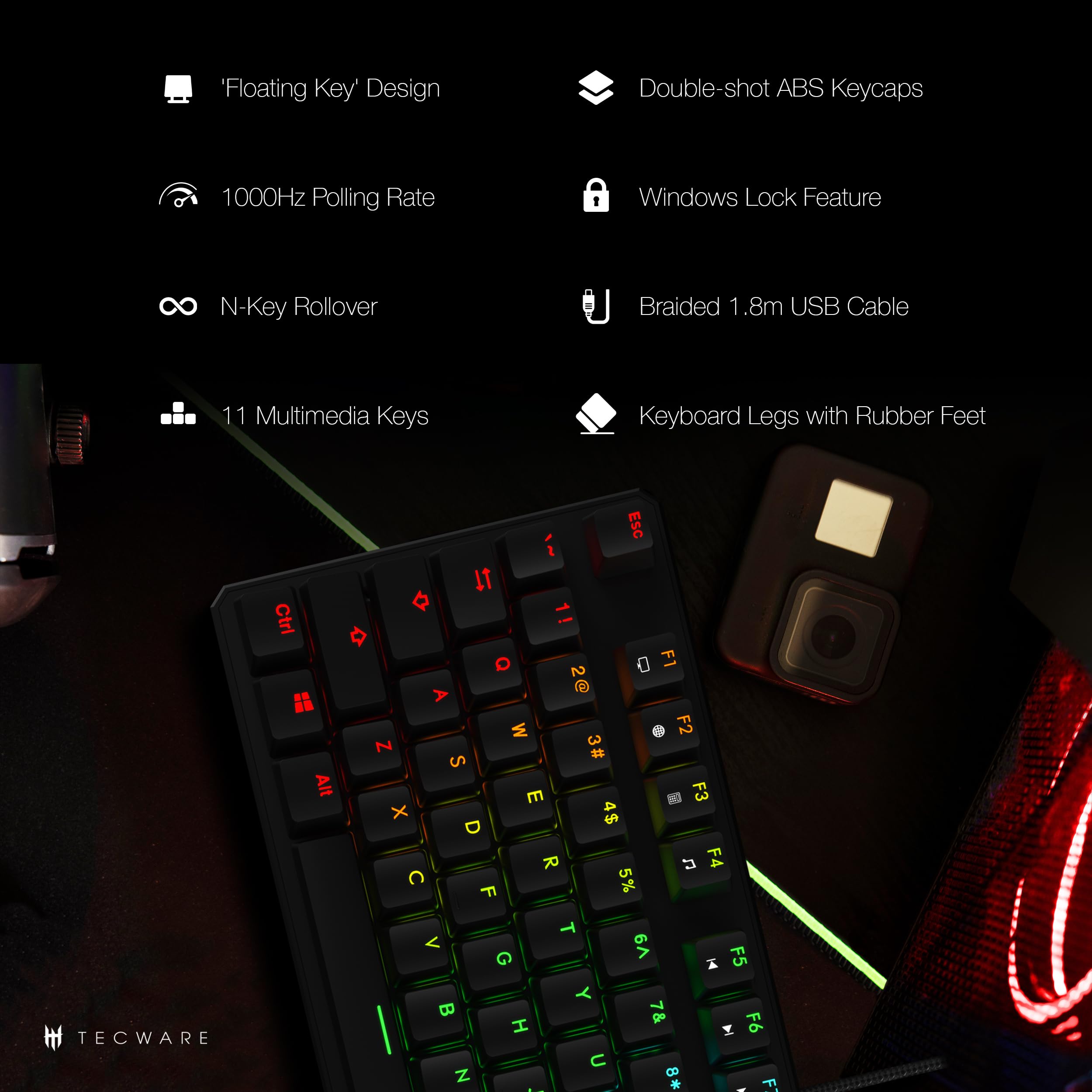 TECWARE Phantom 87 Key Mechanical Gaming Keyboard with RGB Backlight & Outemu Red Switches - Perfect for PC Gaming, Typing, and Office Work