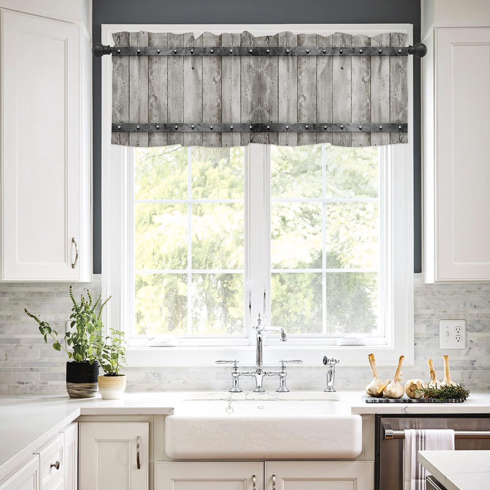 Rustic Farmhouse Valance Curtains 54x18 Inch - Wooden Barn Door Design, Rod Pocket Short Window Topper for Kitchen, Living Room, Bedroom - Perfect for Country Style Home Decor & Small Window Treatments