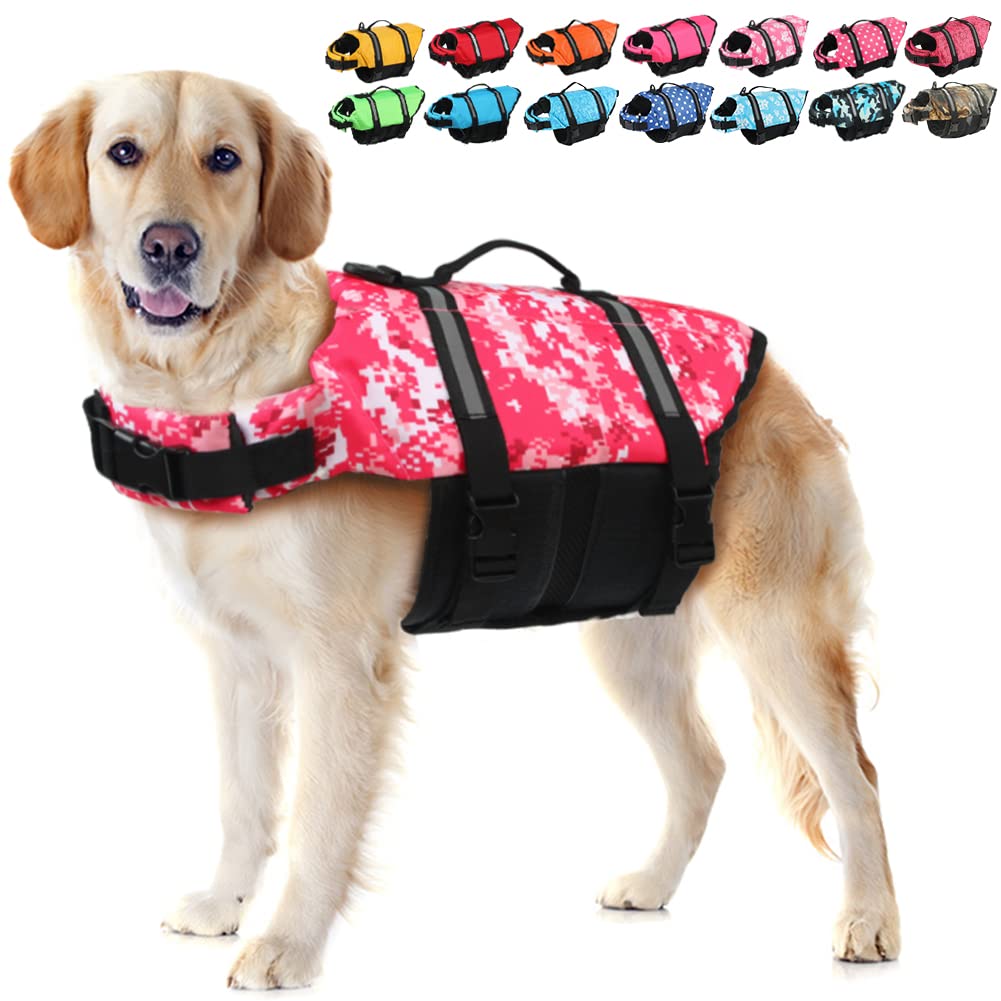 EMUST Dog Life Jacket - High Buoyancy Dog Flotation Vest for Swimming, Boating & Beach - Adjustable Safety Vest for Small/Medium/Large Dogs - Pink Camouflage Design (Size M) - Perfect for Water Activities, Pool Play & Outdoor Adventures