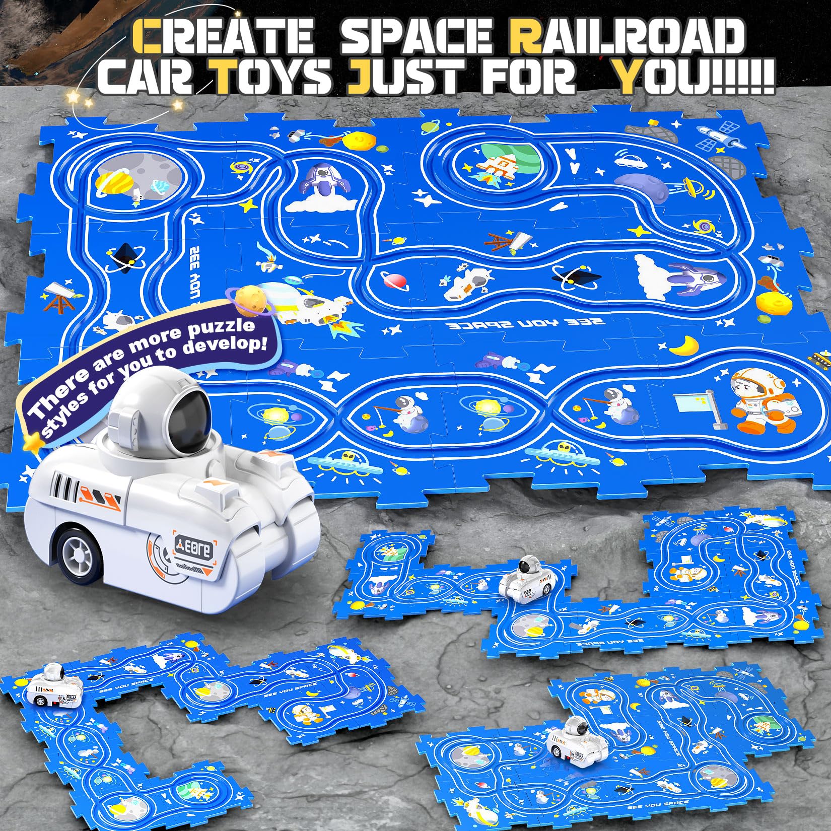 Puzzle Racer Kids Car Track Play Set - DIY Space-Themed Electric Toy Car with Astronauts | Montessori Educational STEM Toys for Toddlers | Christmas Stocking Stuffers & Birthday Gifts for Boys & Girls (Great for Indoor Play & Early Learning Activities)