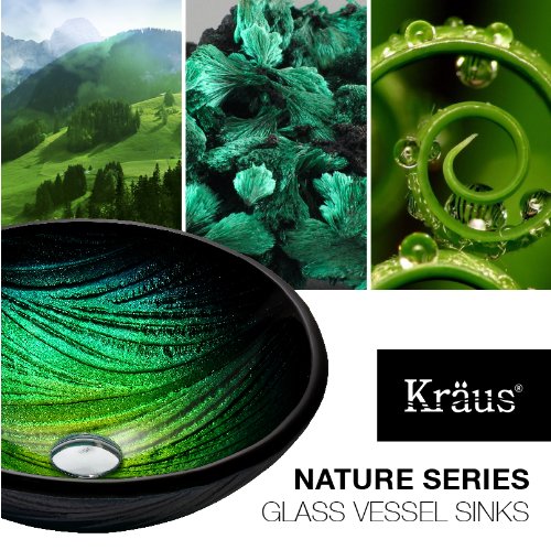 Kraus Nei Glass Vessel Bathroom Sink with Ramus Single Hole Faucet in Satin Nickel Finish - Modern Vanity Sink for Powder Room, Guest Bath or Master Bathroom