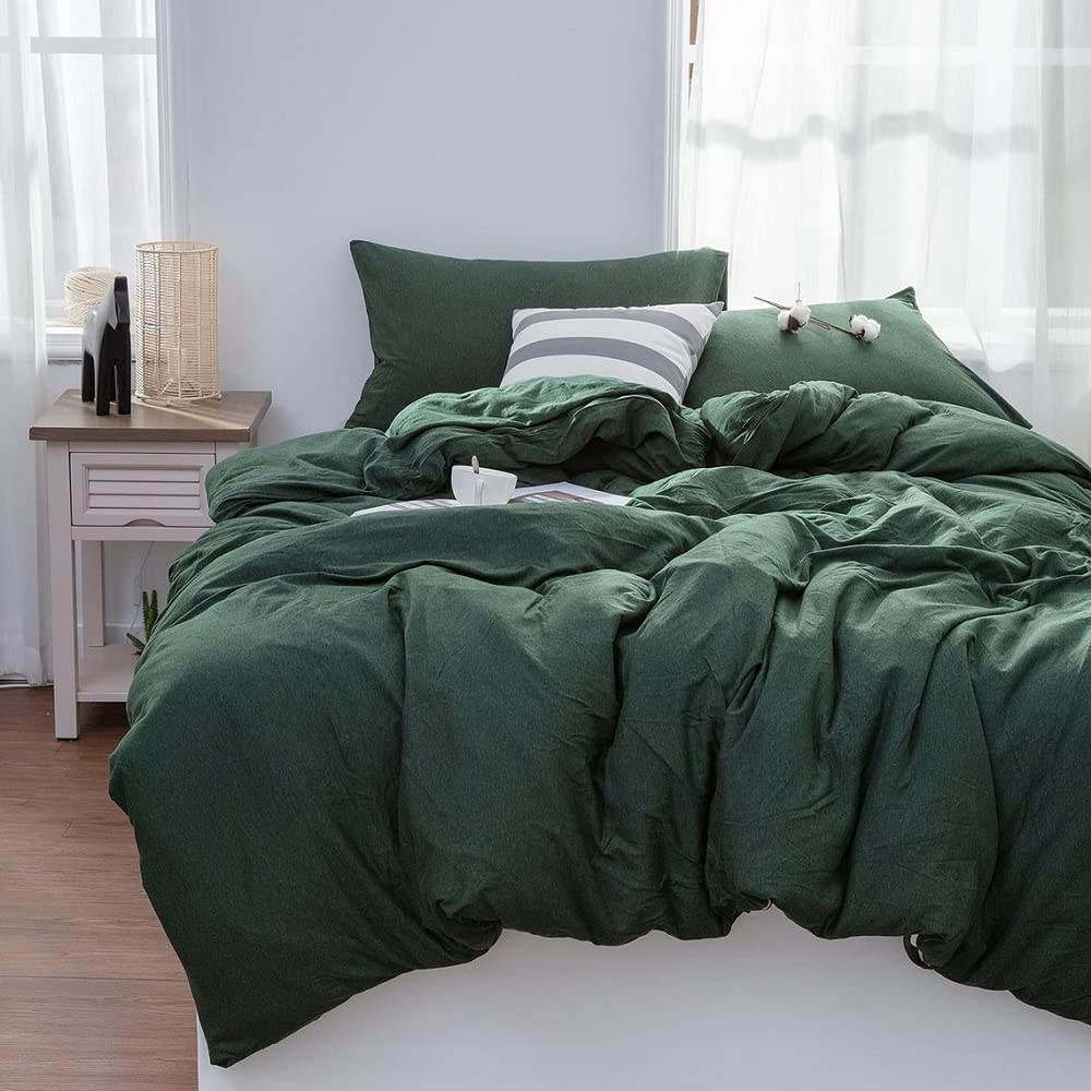 3pc Forrest Green Washed Cotton Duvet Cover Set - Boho Bedding for Twin/Full/Queen/King - Cozy Home Decor