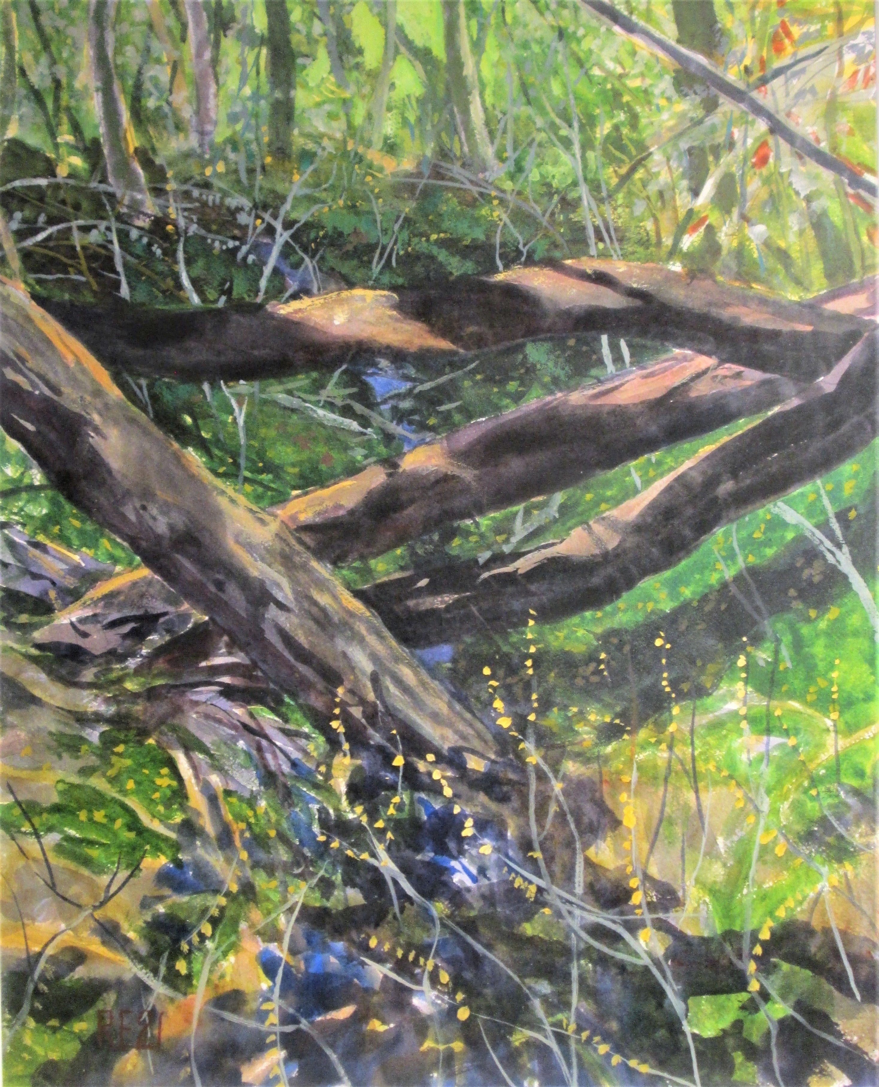 Richard Estell Brook with Logs Painting - Landscape Art Print for Home & Office Decor - Perfect for Living Room, Bedroom, or Office Wall Art