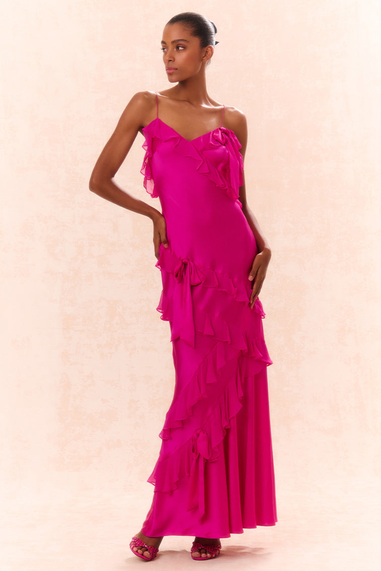Elegant Rialto Silk Ruffle Maxi Dress for Women - Summer Beach Wedding Party & Evening Gown - Perfect for Bridesmaids, Vacation, and Formal Events