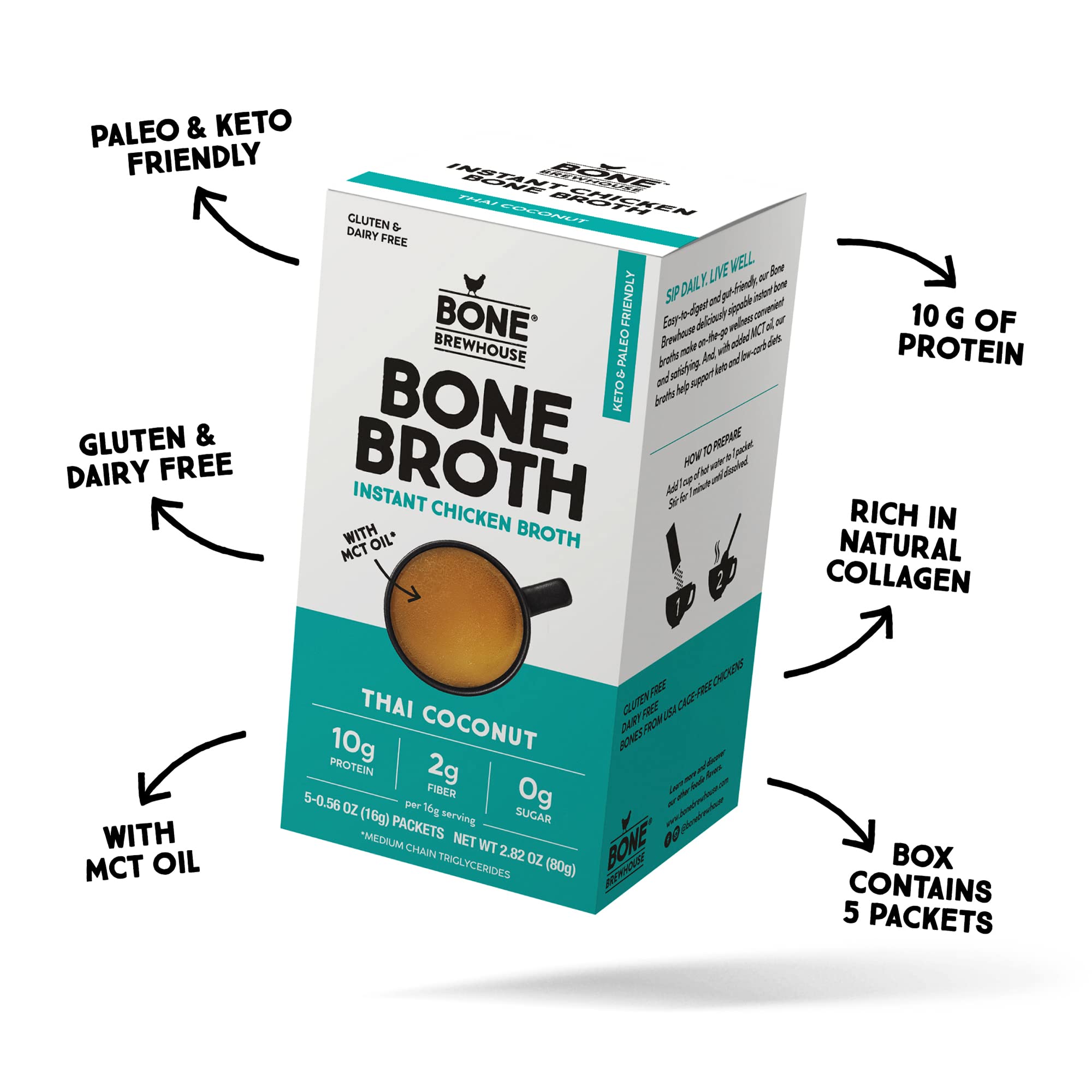 Bone Brewhouse Chicken Bone Broth Protein Powder - Thai Coconut Flavor - Keto Paleo Friendly Instant Soup - 10g Protein, Natural Collagen - Gluten Free Dairy Free - 5 Packets - Perfect for Post-Workout Recovery & Keto Diet Meals