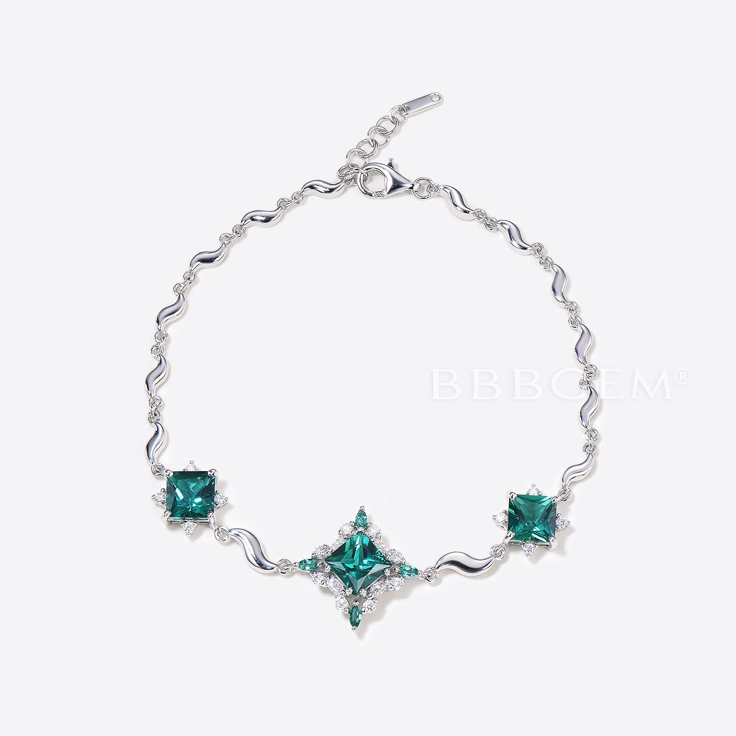 Princess Cut Green Emerald Wavy Bracelet with Diamond Halo - Elegant Wedding Jewelry for Brides, Anniversary Gifts & Special Occasions