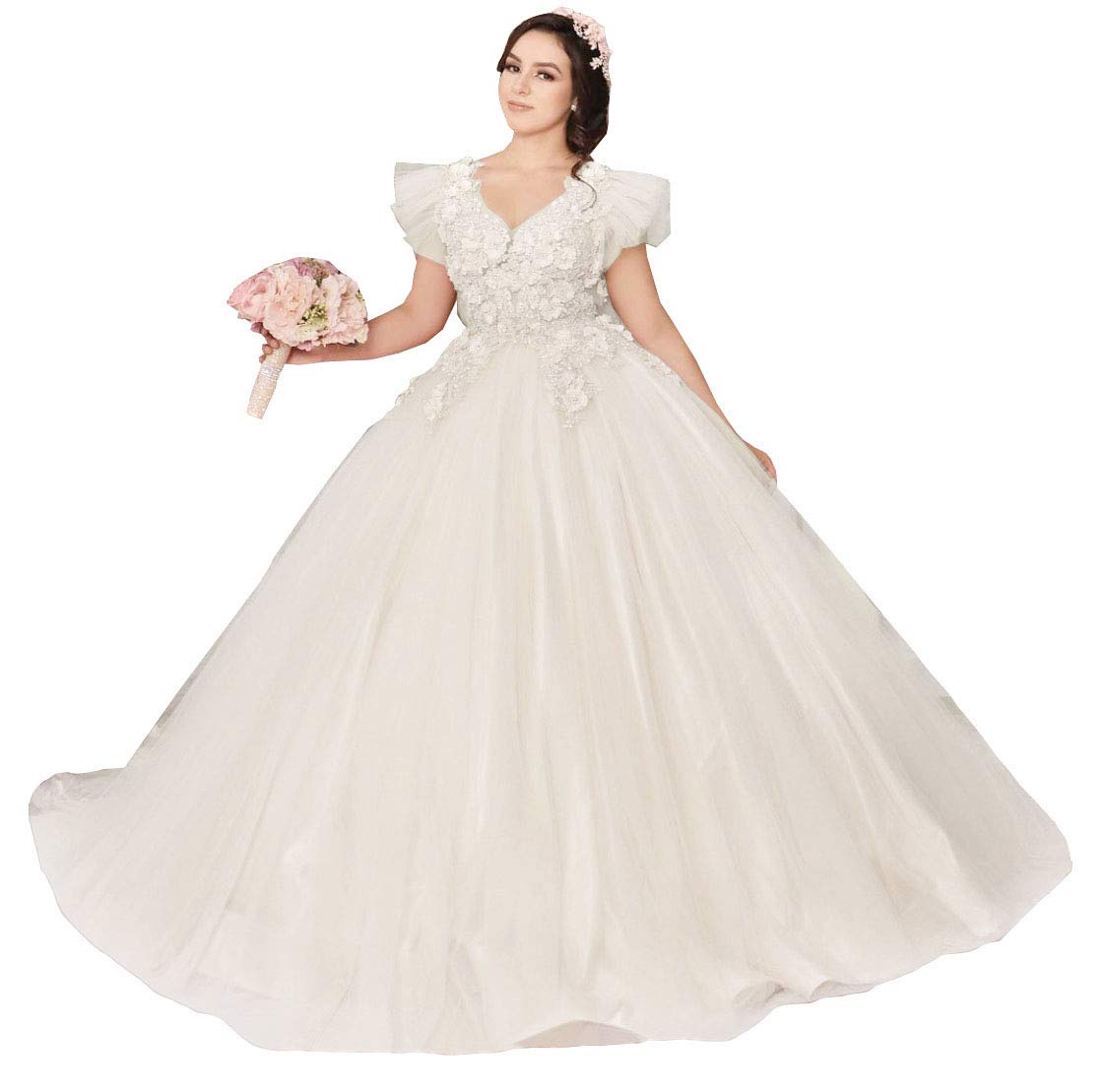 Emanni Women's V-Neck Quinceañera Dress with Lace Appliques - Sweet 16 Princess Ball Gown in Ivory | Perfect for Quinceañeras, Prom, Weddings & Special Occasions